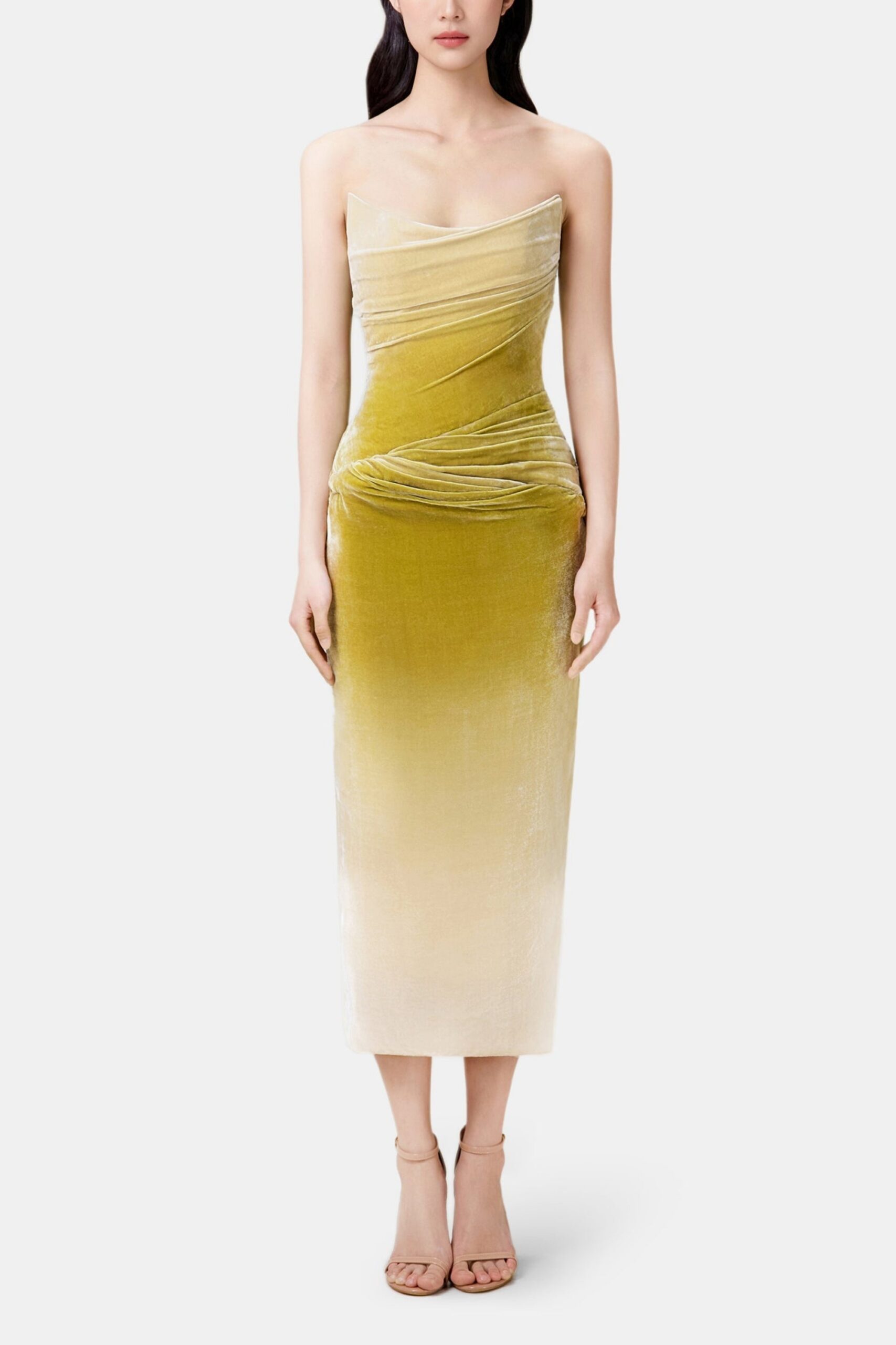 129 RUCHED VELVET STRAPLESS MIDI DRESS GREEN GRADIENT