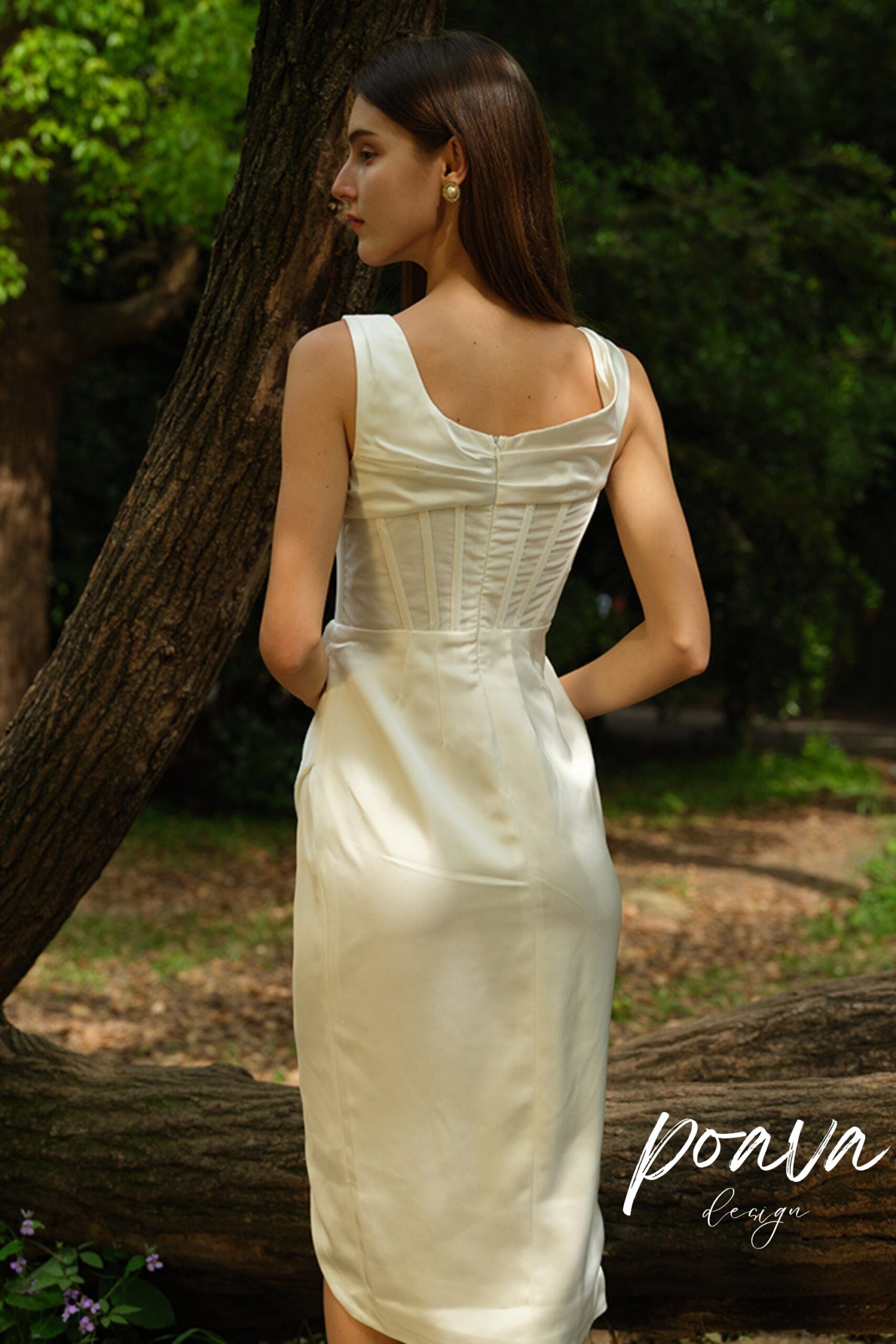 SATIN HIGH SPLIT MIDI DRESS IVORY WEDDING GUEST