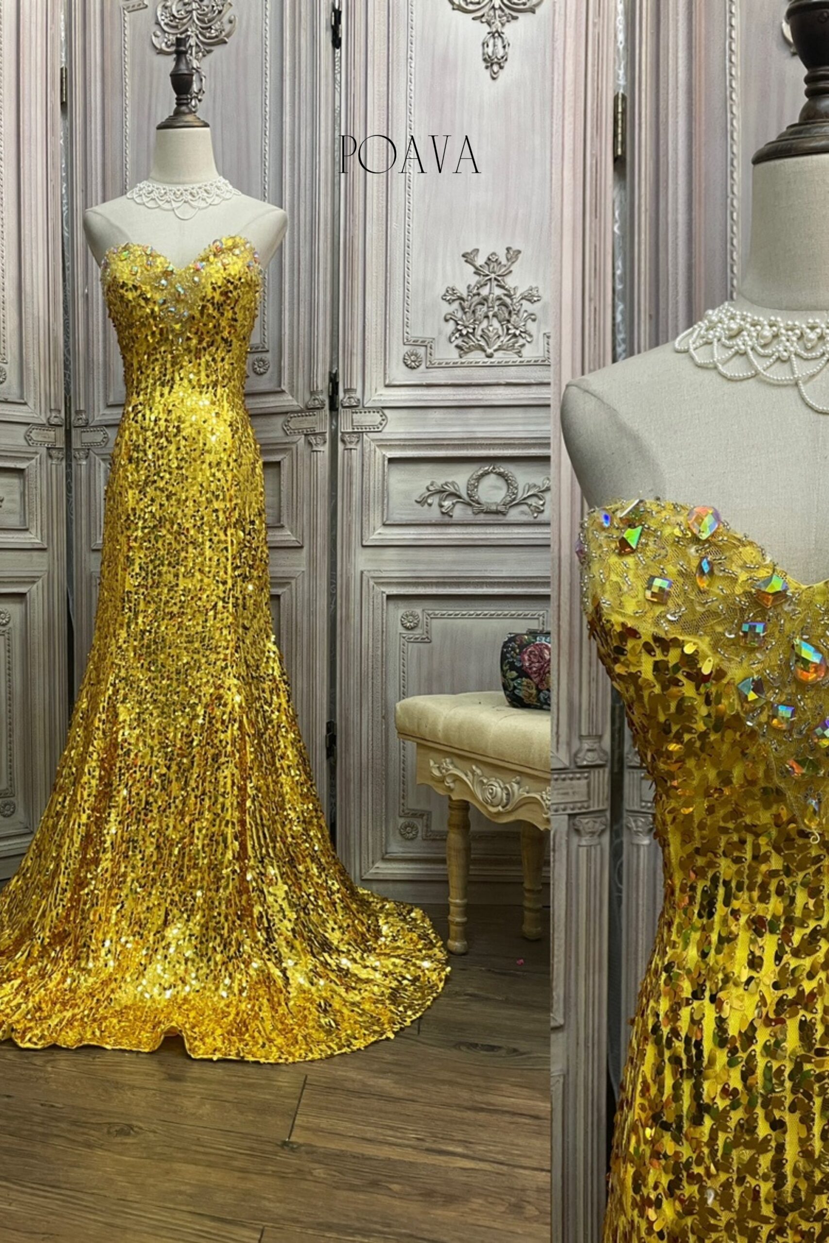 SEQUIN STRAPLESS GOLD MAXI DRESS, PARTY