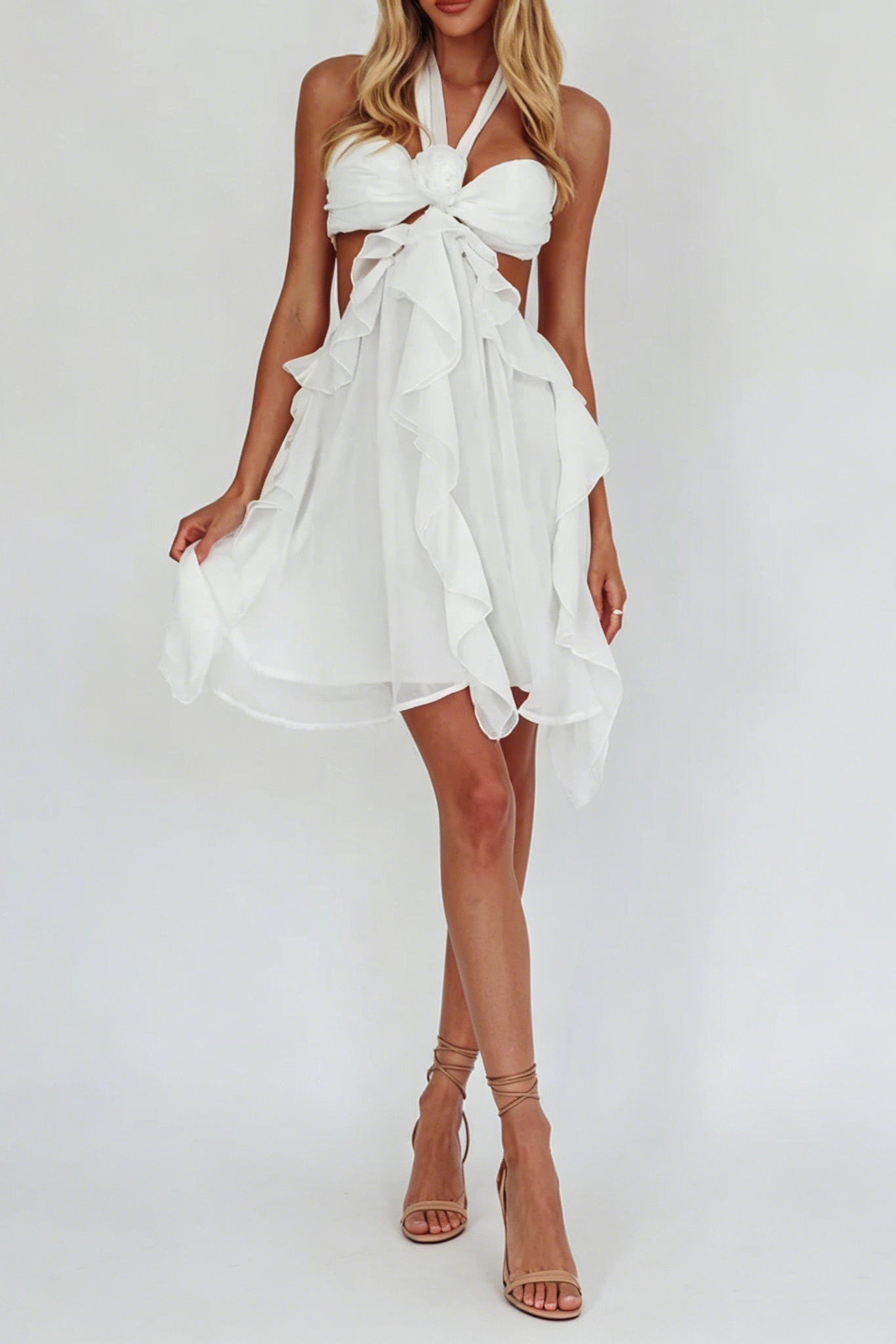 12_1a8e266c-7b3e-47ae-9d72-4de7fa10e460 WHITE HALTER RUFFLED MINI DRESS FOR PARTY