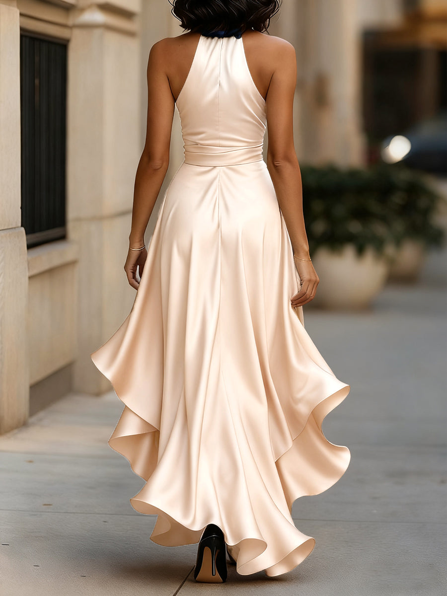 MIDNIGHT SATIN HALTER RUFFLE GOWN