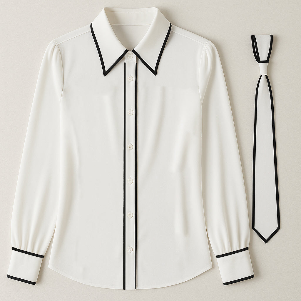 CHIC CONTRAST TRIM TIE BLOUSE FOR WORK