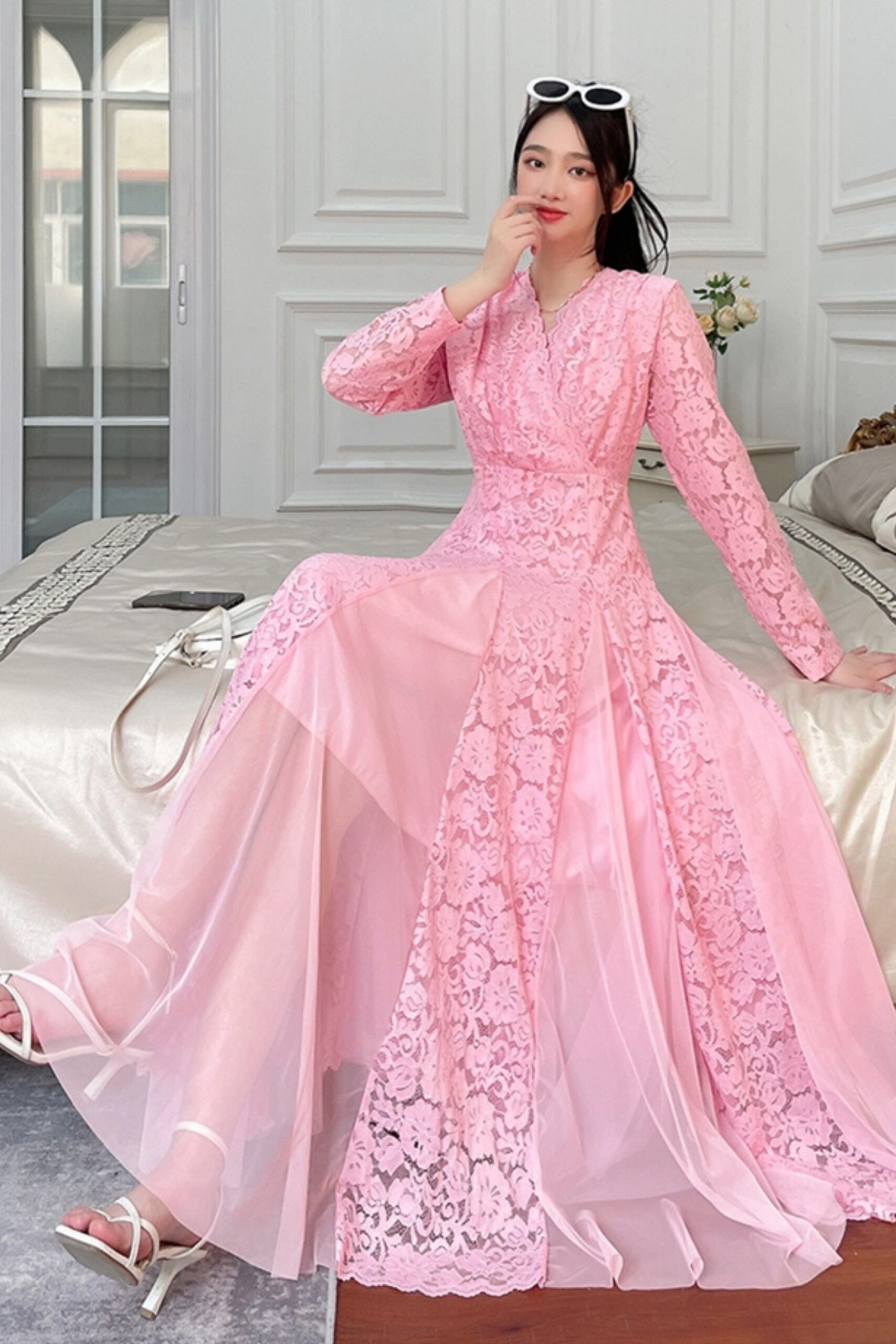 LACE SPLICE LONG SLEEVE MIDI DRESS FOR WEDDING