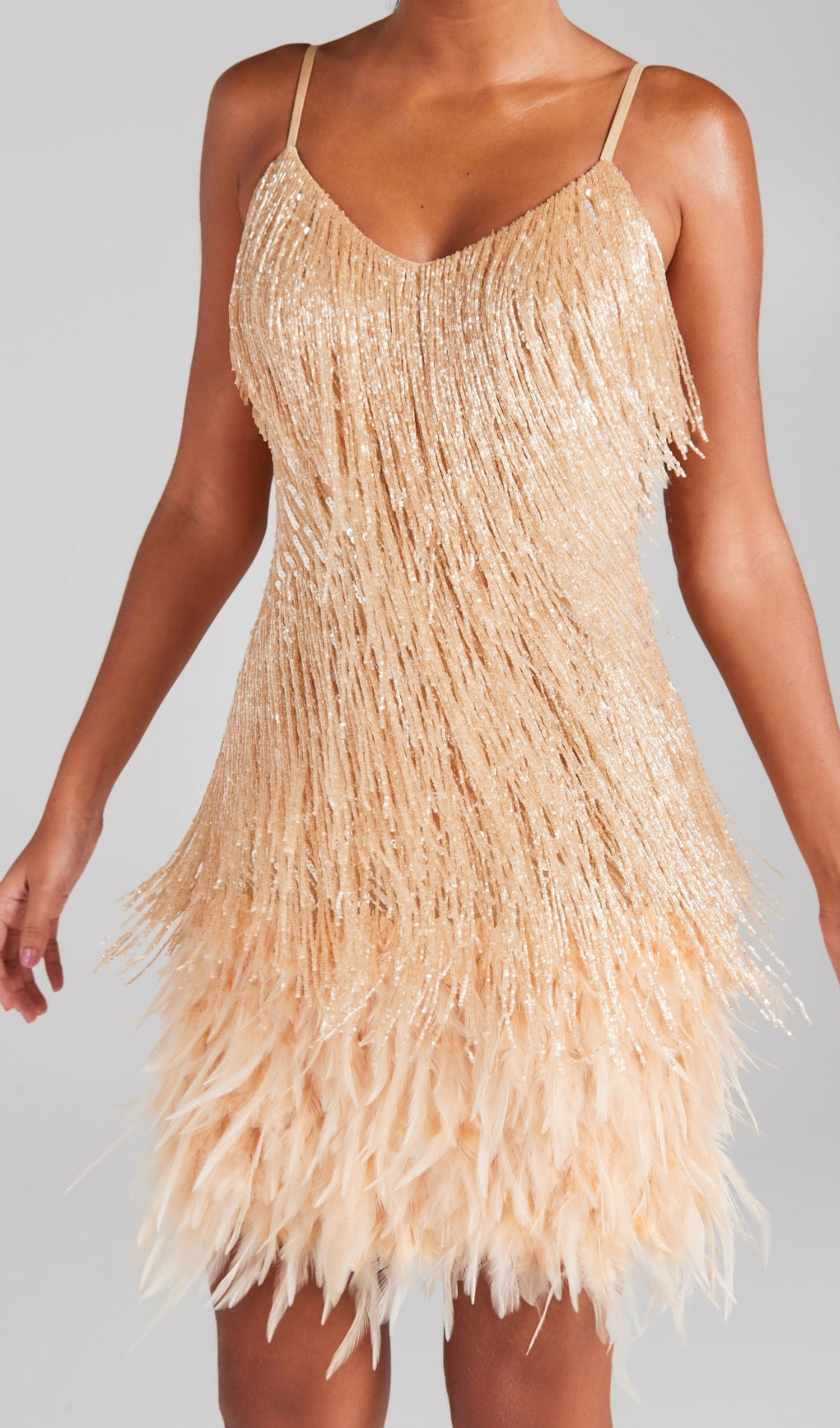 CHAMPAGNE TASSEL FEATHER MINI PARTY DRESS