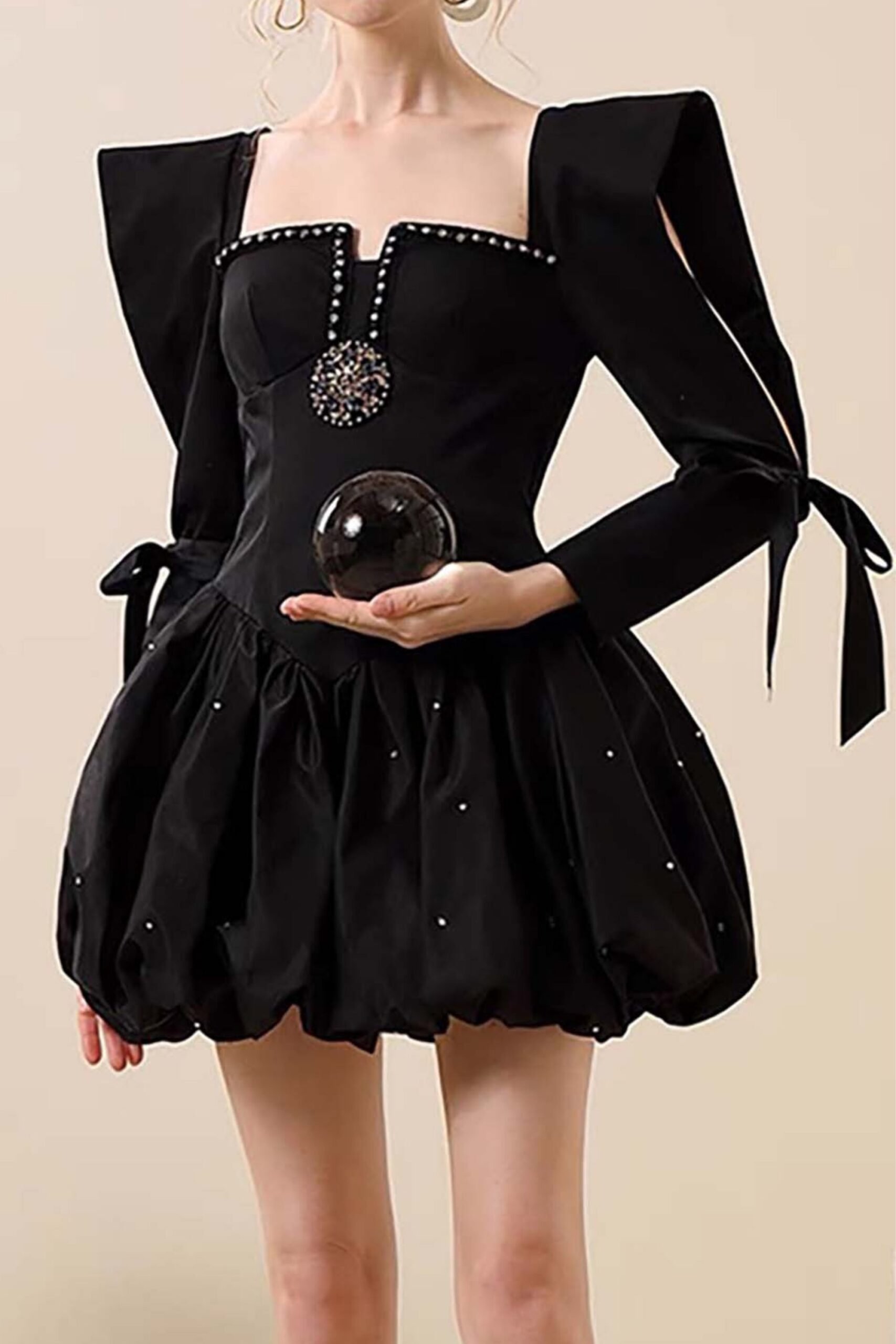 RHINESTONE HEM BLACK MINI DRESS FOR PARTY