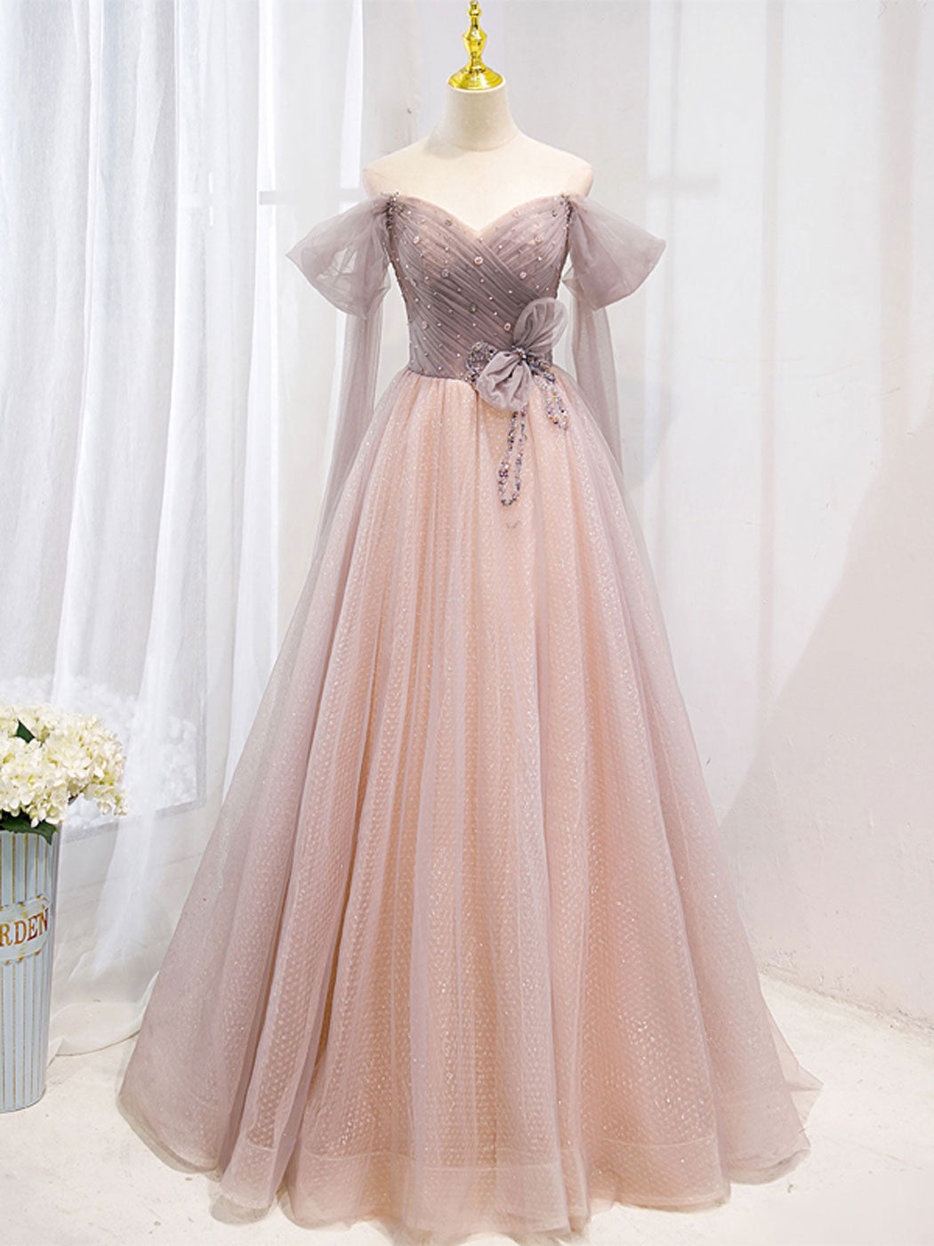 PINK OFF SHOULDER TULLE PARTY DRESS