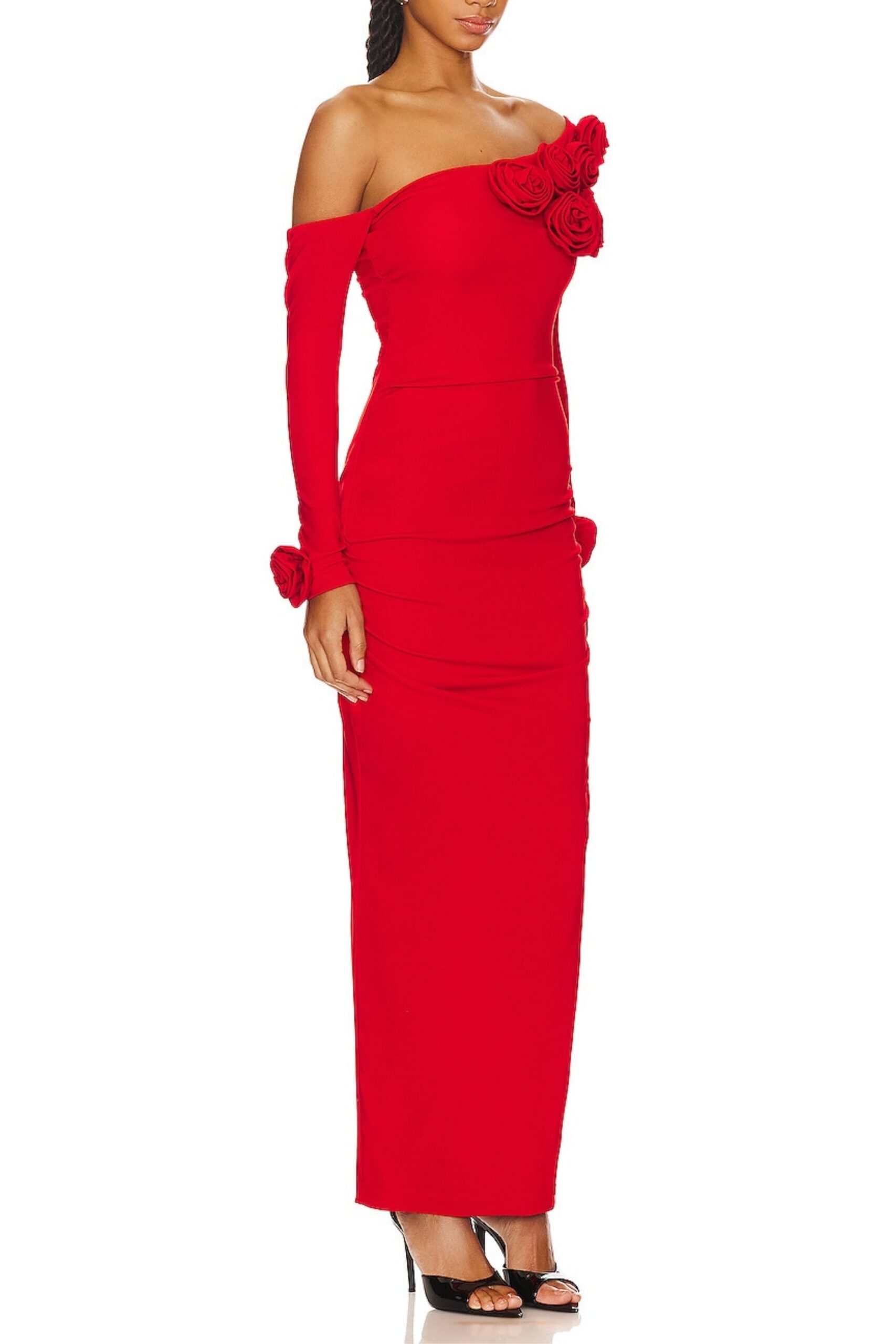 RED OFF-SHOULDER FLOWER MAXI DRESS FOR WEDDING