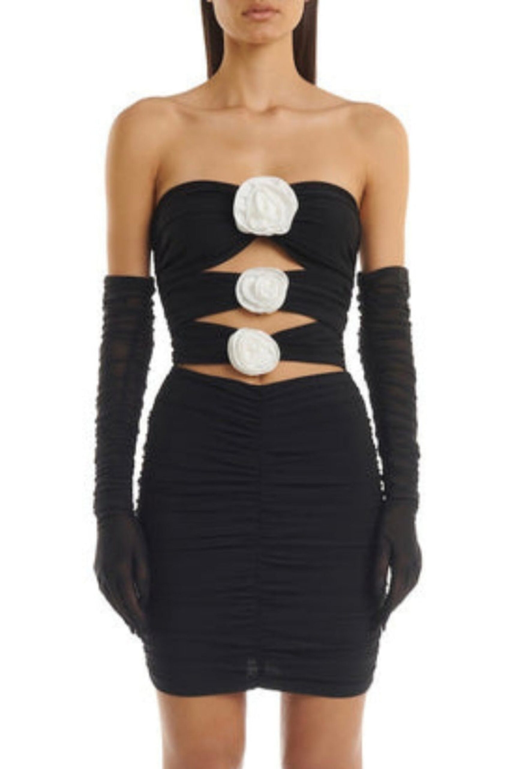 3D FLOWER BANDAGE MINI DRESS BLACK PARTY