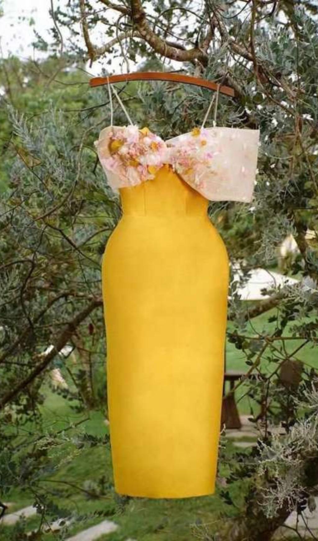 YELLOW FLOWER MIDI DRESS FOR WEDDING GUEST