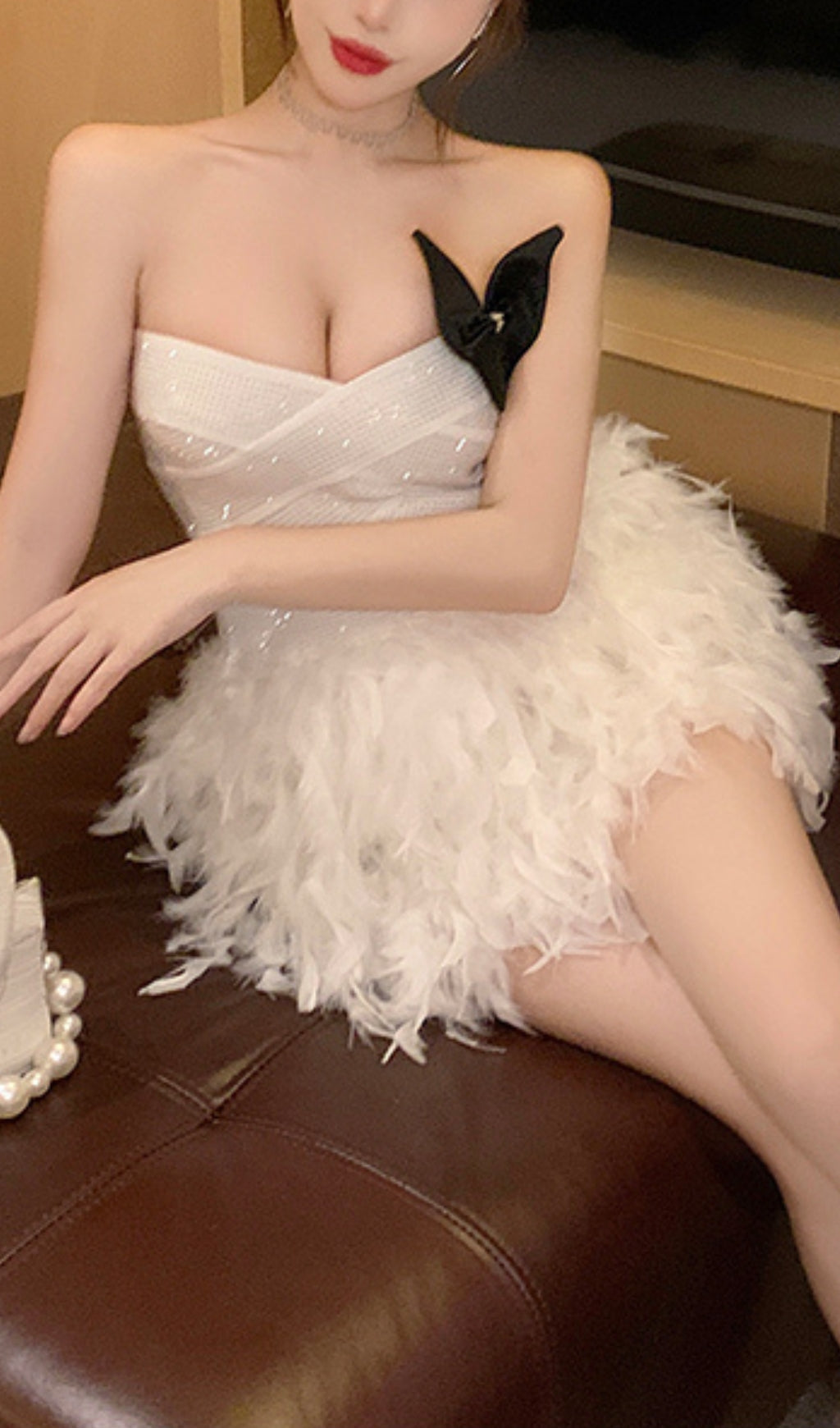 RHINESTONE FEATHER STRAPLESS WHITE MINI DRESS