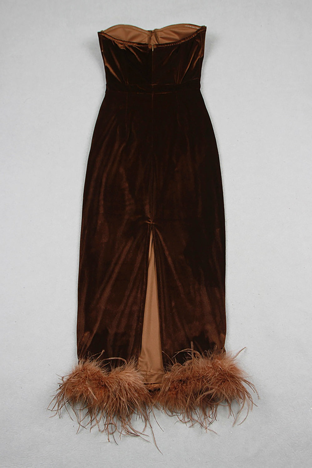 STRAPLESS BUSTIER FEATHER HEM MIDI VELVET DRESS IN BROWN