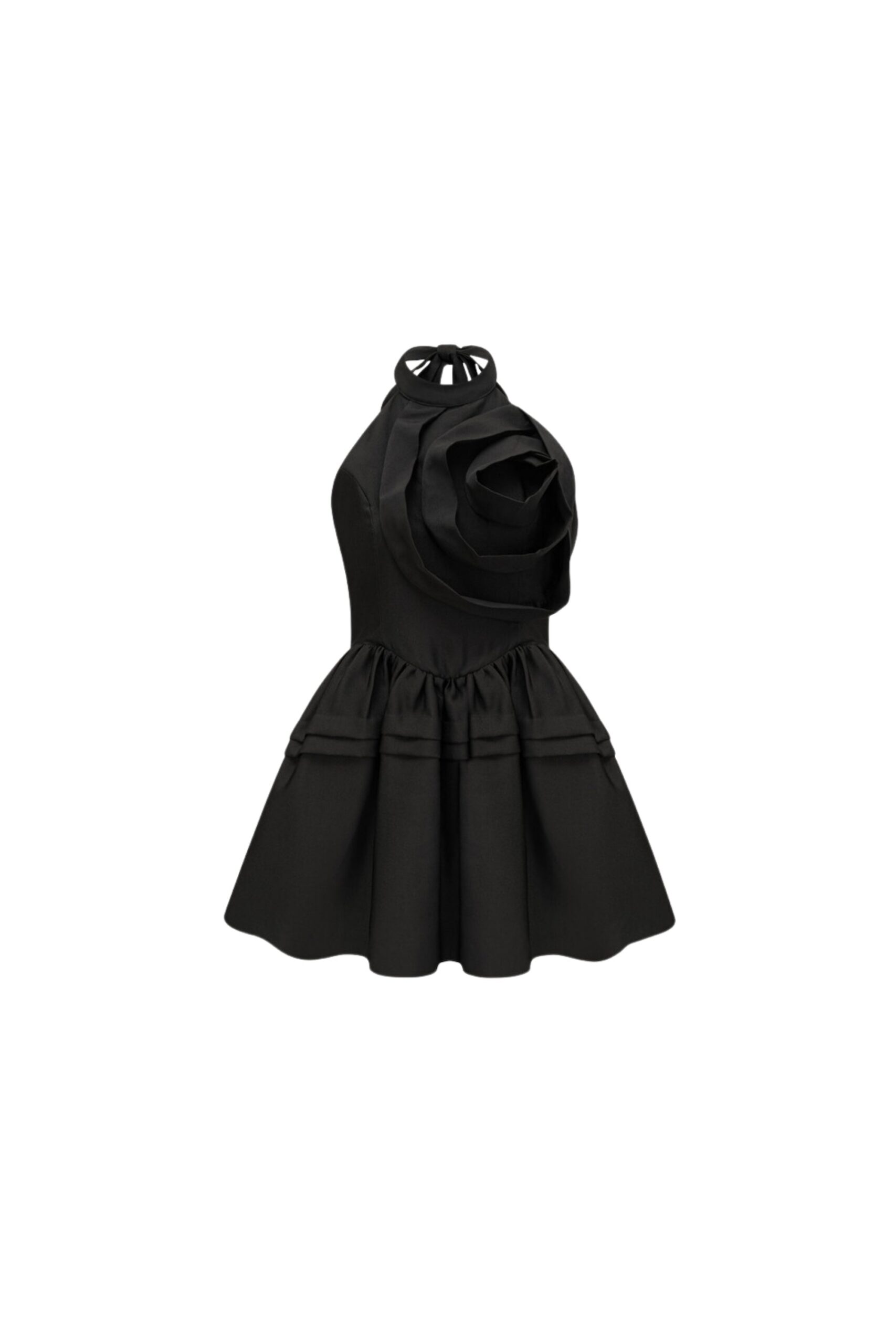 FLORAL APPLIQUÉ HALTER MINI DRESS, BLACK PARTY