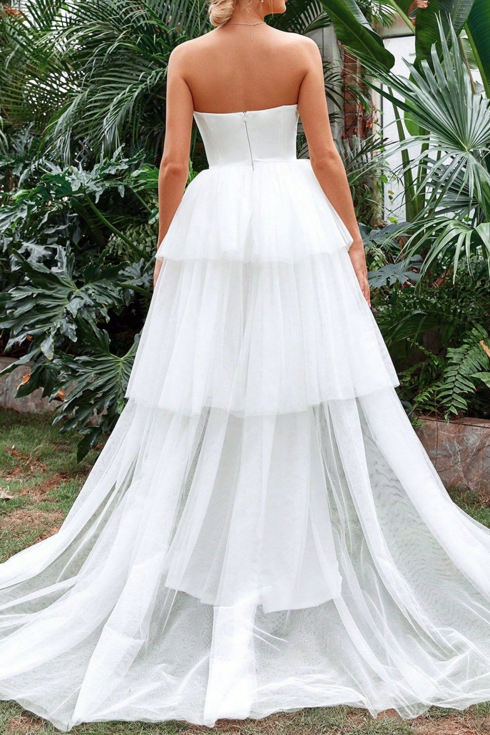 TUBE TOP MERMAID HEM LAYERED MESH DRESS