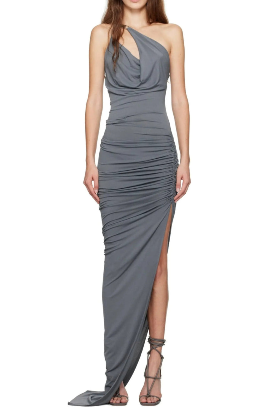 12_d80252b5-d54c-4de1-8e4e-9212d0cbf8c2 ONE-SHOULDER RUCHED BODYCON MAXI GREY PARTY DRESS