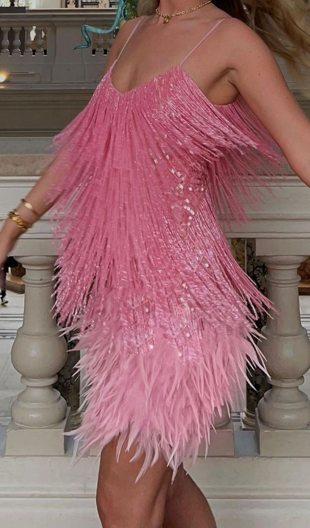 PINK TASSEL FEATHER MINI DRESS FOR PARTY