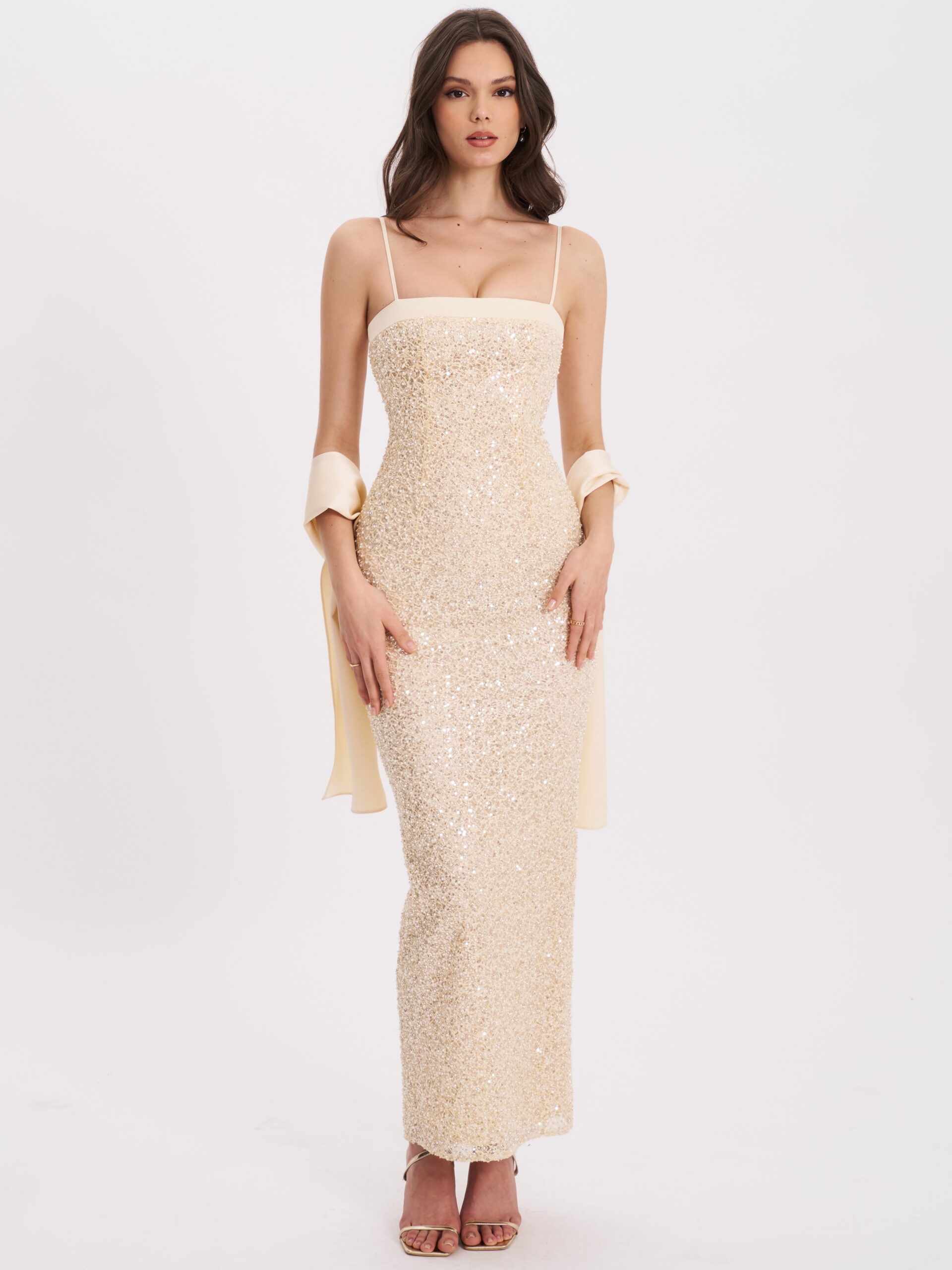 GOLD BEADED SEQUIN BODYCON GOWN WITH SCARF