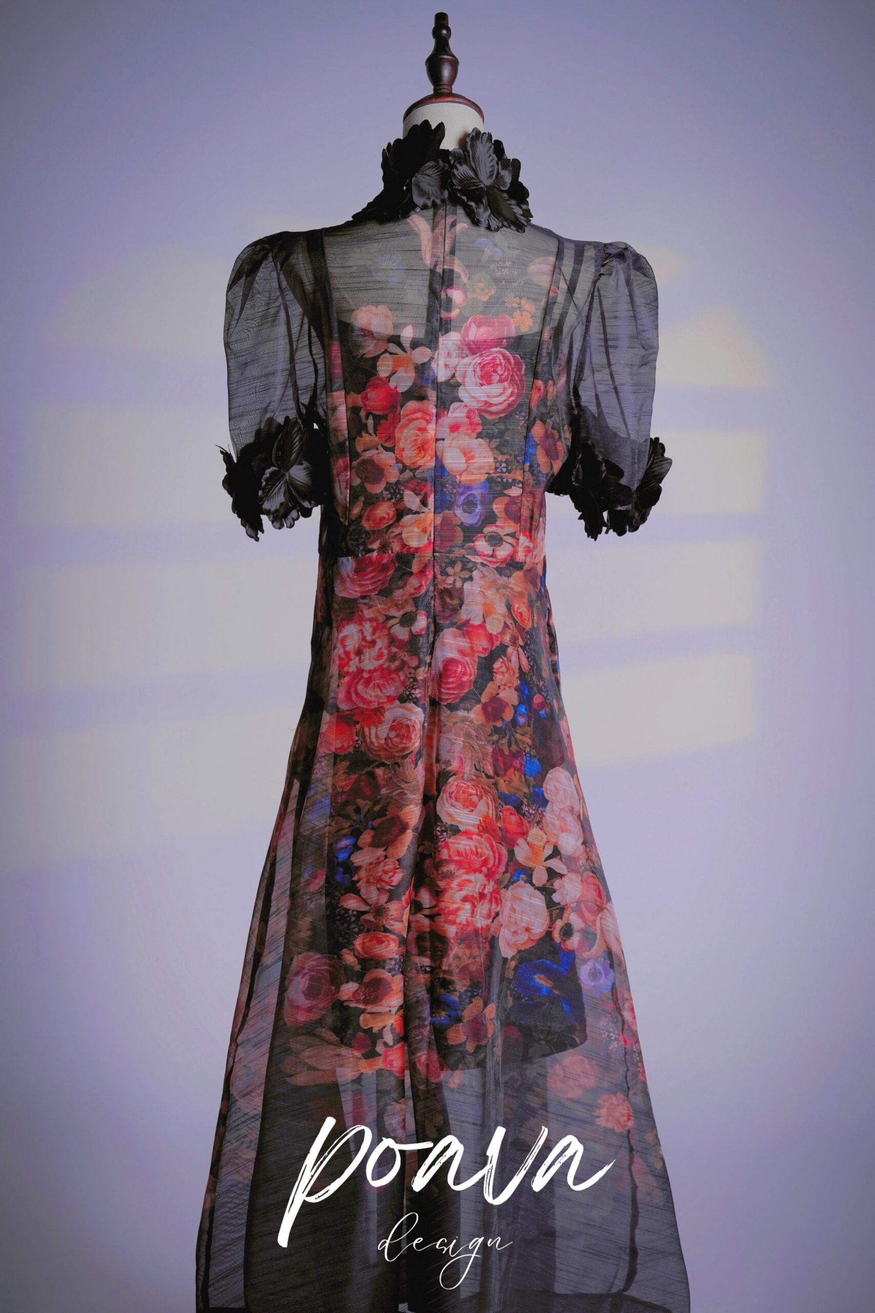 BLACK MESH FLOWER MAXI DRESS FOR WEDDING