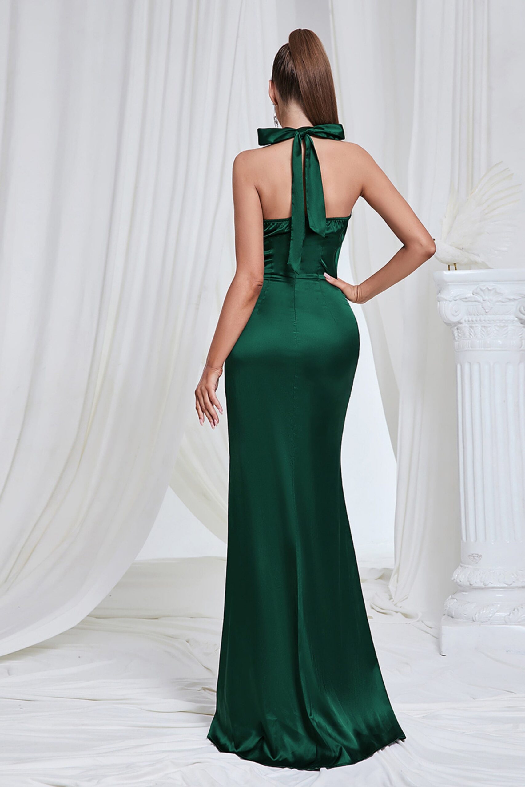 SATIN BOW SPLIT MAXI DRESS GREEN WEDDING GUEST