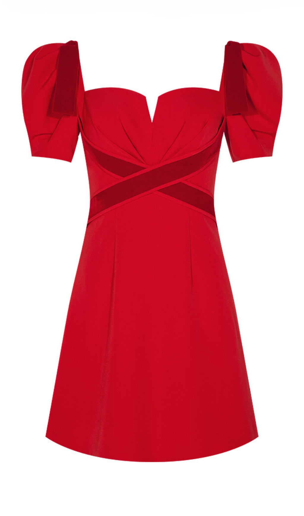 VELVET PUFF SLEEVE TIERED MINI DRESS RED