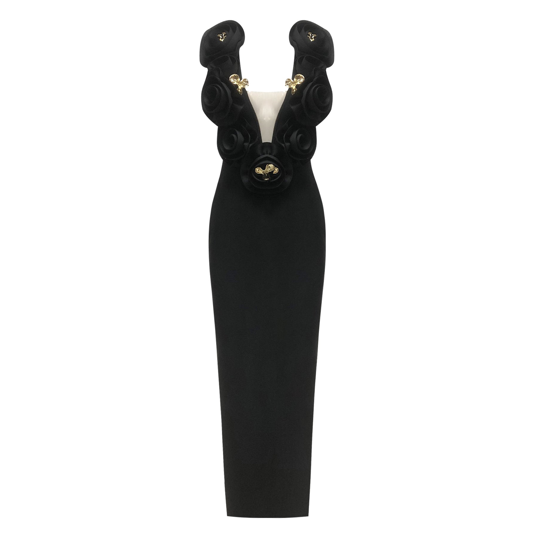RUFFLED GOLD ACCENT MAXI DRESS FOR EVENING