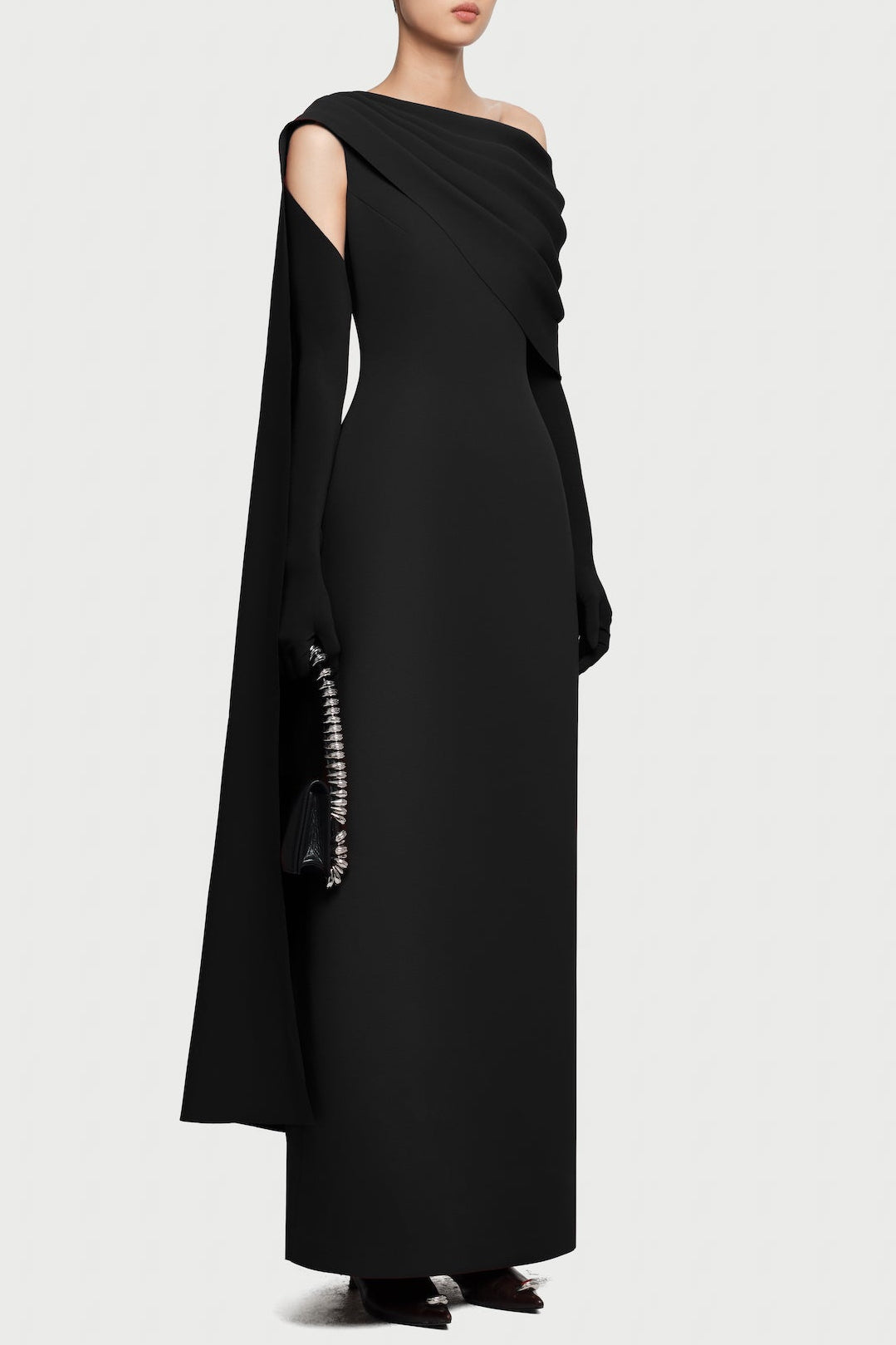 ONE-SHOULDER ASYMMETRIC PLEATED MAXI DRESS IN BLACK
