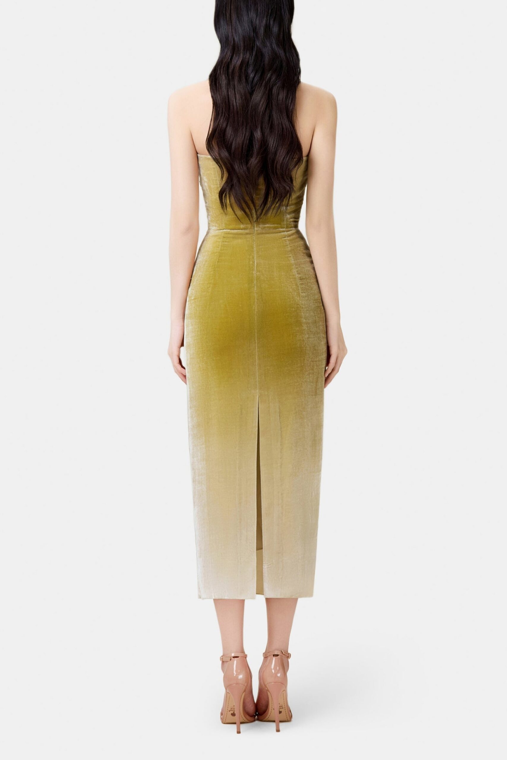 RUCHED VELVET STRAPLESS MIDI DRESS GREEN GRADIENT