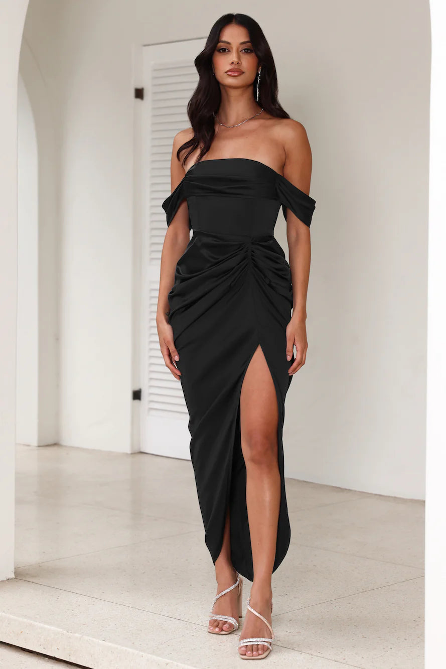 STRAPLESS SATIN MIDI DRESS, BLACK FORMAL