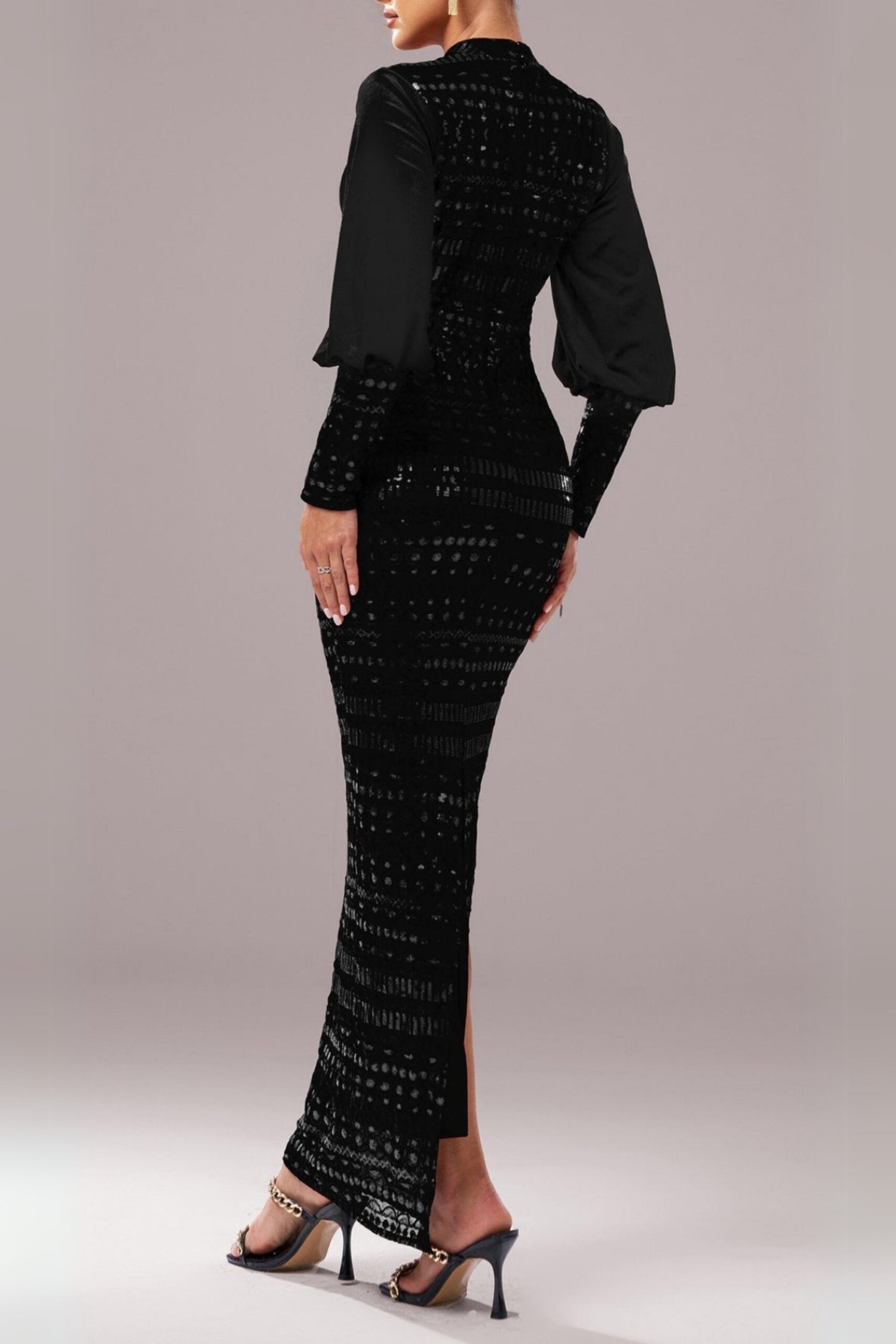 SEQUIN BLACK LONG SLEEVE MAXI DRESS FOR EVENING