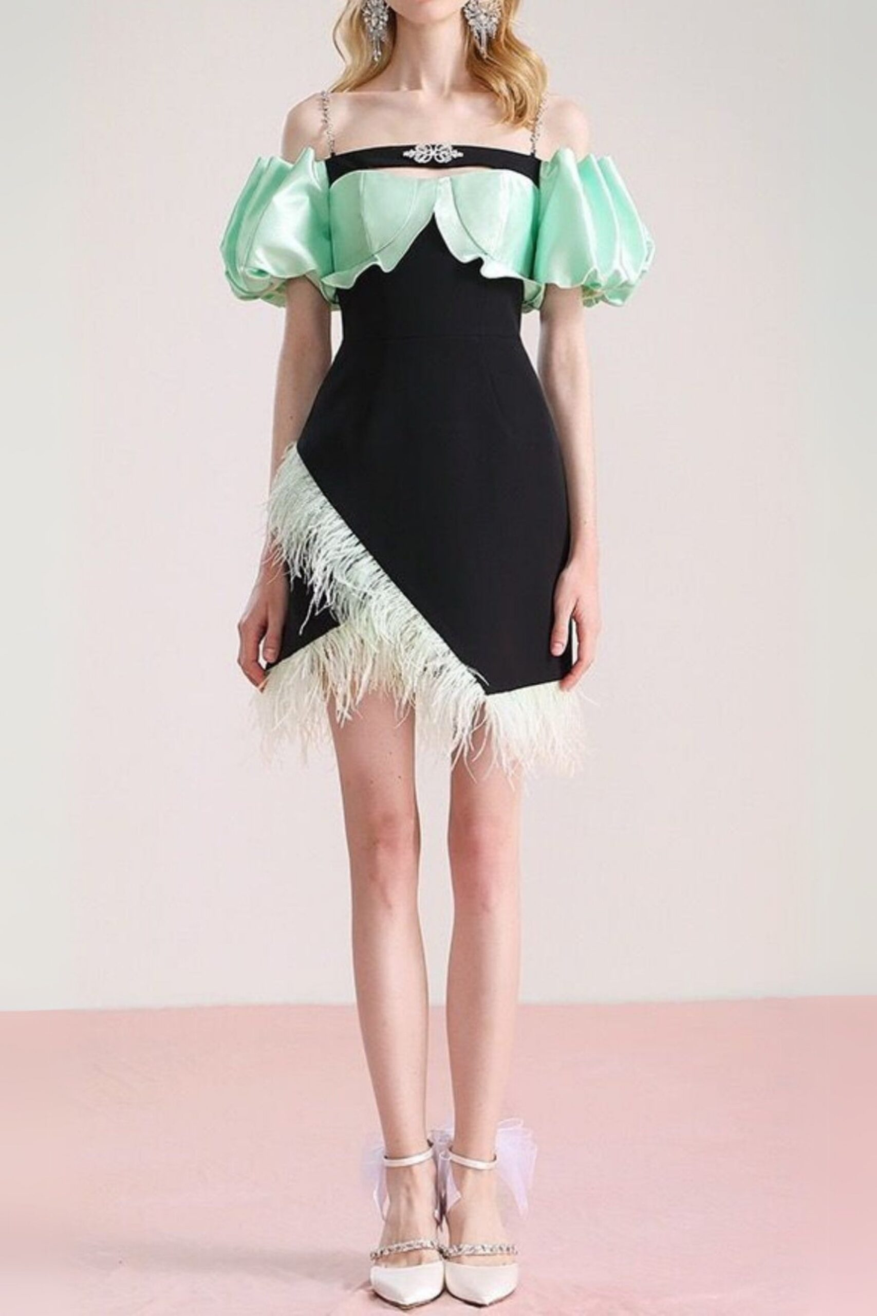 CIELO BLACK OFF-SHOULDER FEATHER PARTY DRESS