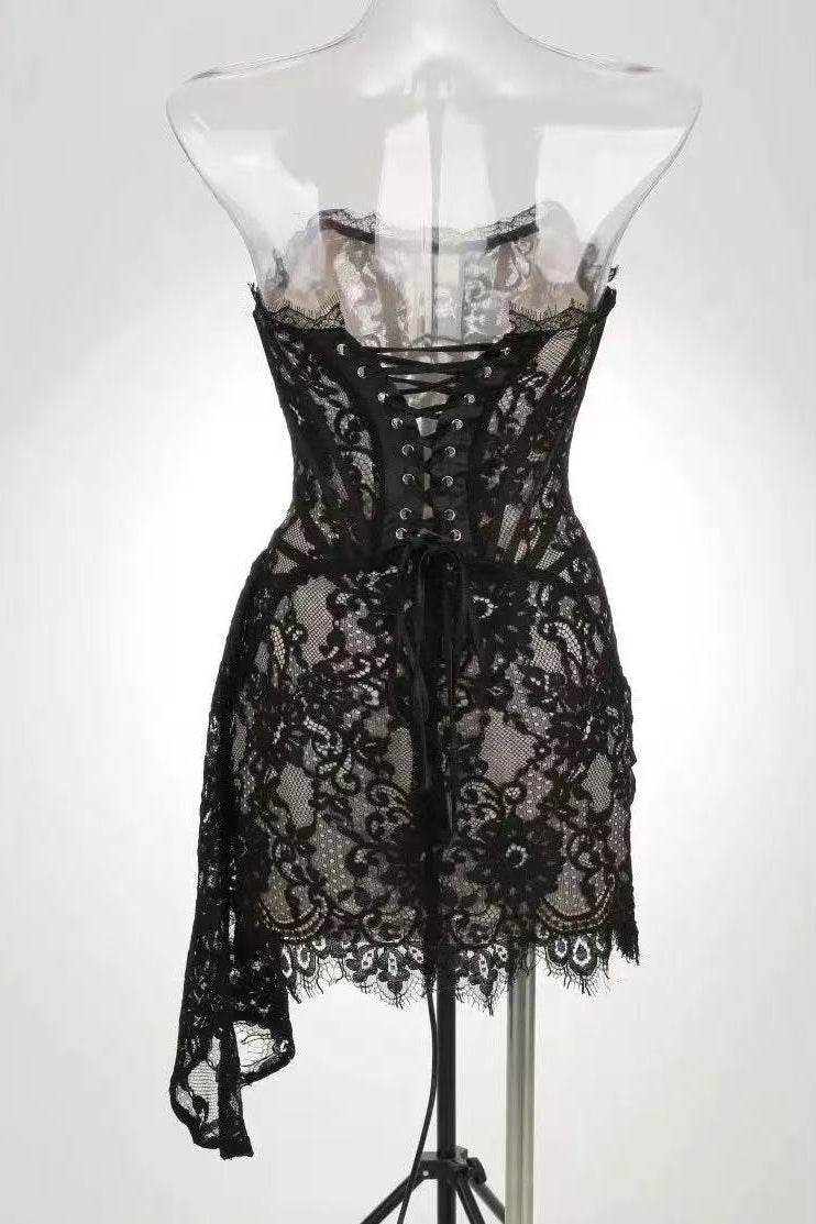 SLEEVELESS LACE MINI DRESS BLACK COCKTAIL PARTY