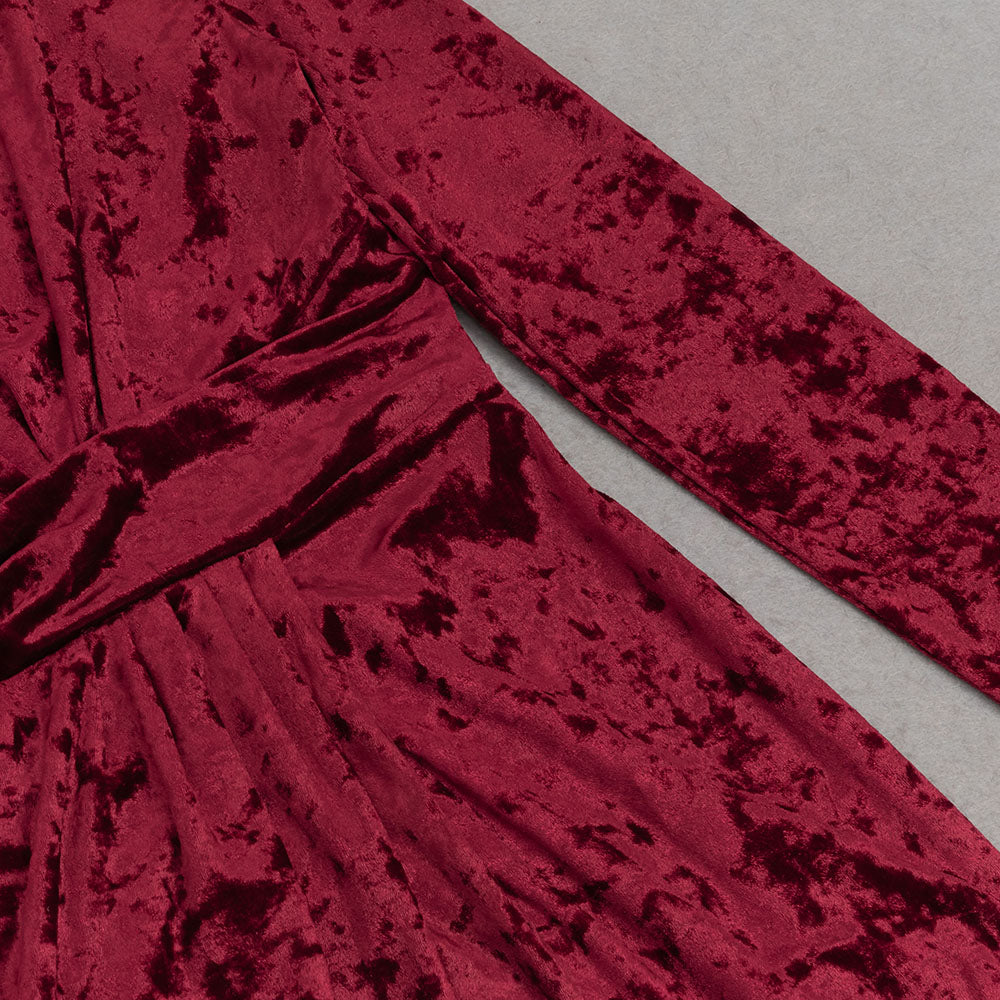 VELVET HIGH NECK HOLLOW WAIST MAXI DRESS BURGUNDY