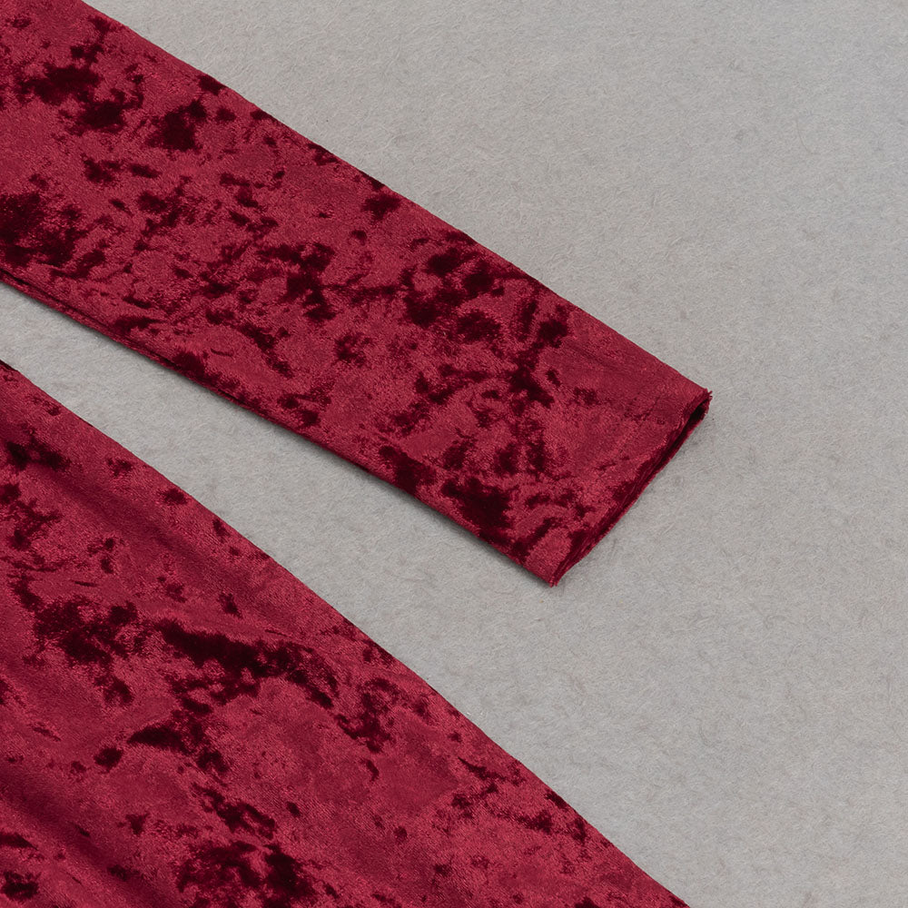 VELVET HIGH NECK HOLLOW WAIST MAXI DRESS BURGUNDY