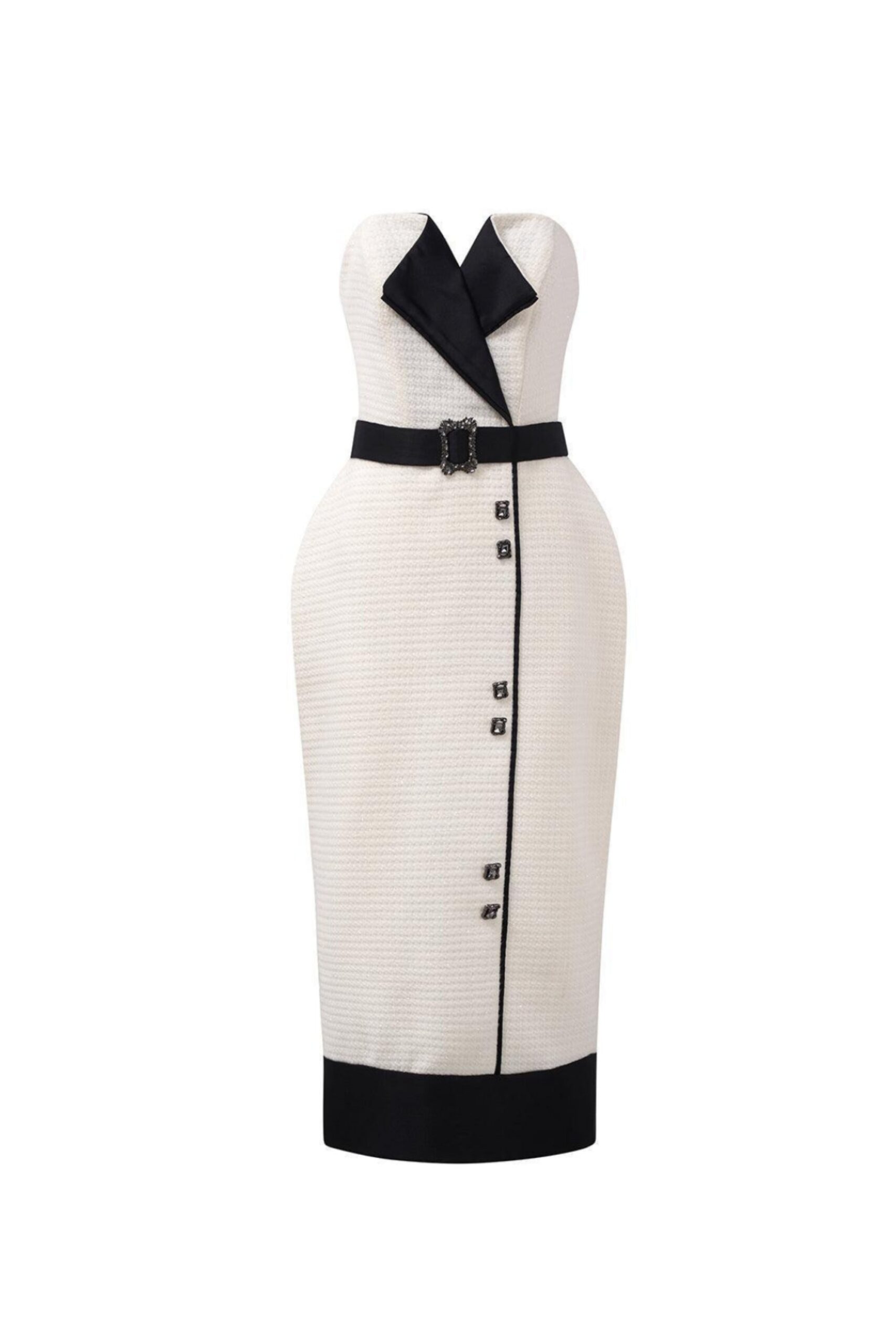 REGINA PEGGED TWEED MIDI DRESS, SEMI-HEART NECK, OFFICE