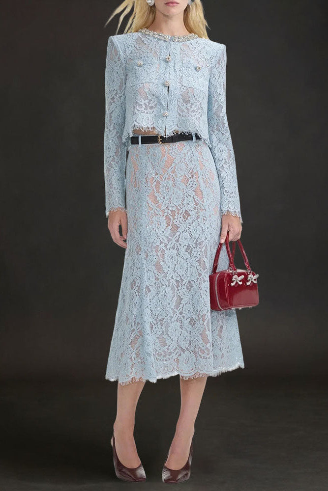 1341414 CAROL LACE FLARED MIDI SKIRT BLUE