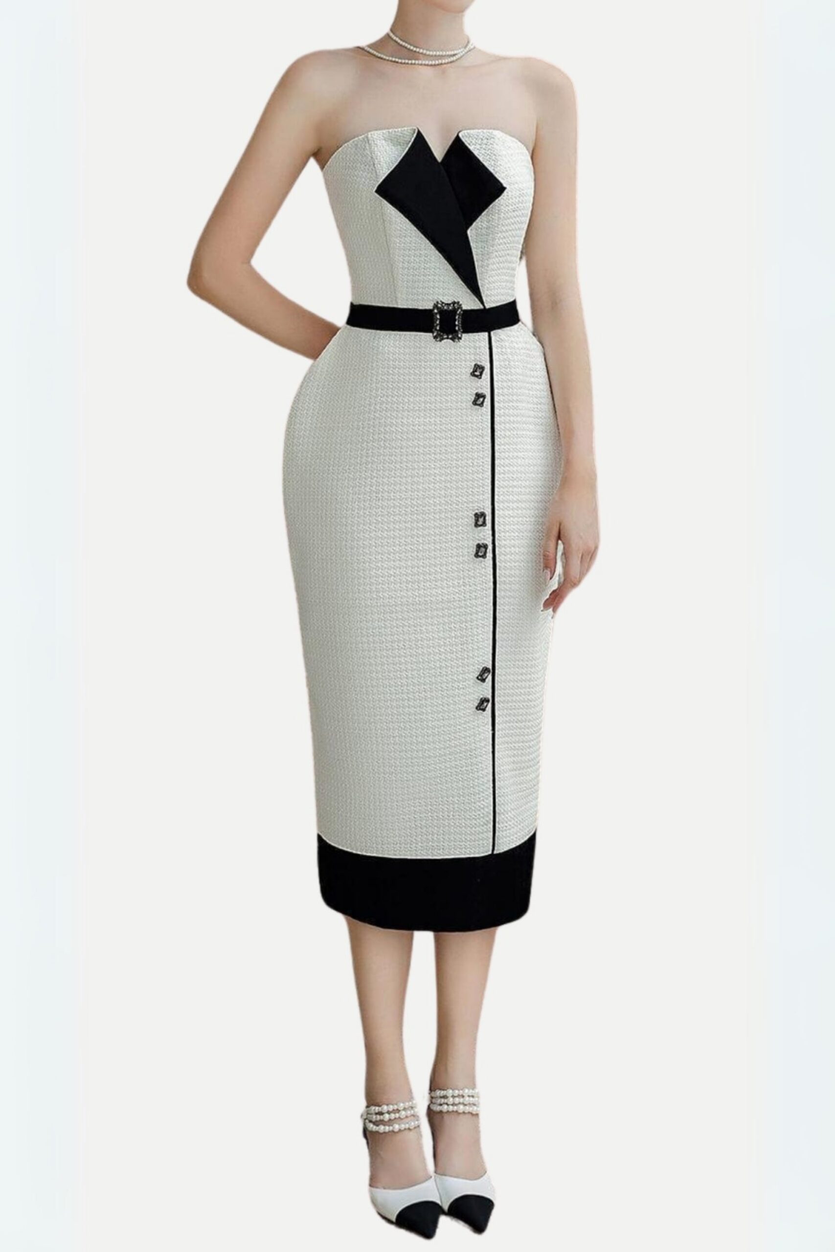 134_56f7848b-1f81-4143-8cc7-18e7f4830aff REGINA PEGGED TWEED MIDI DRESS, SEMI-HEART NECK, OFFICE
