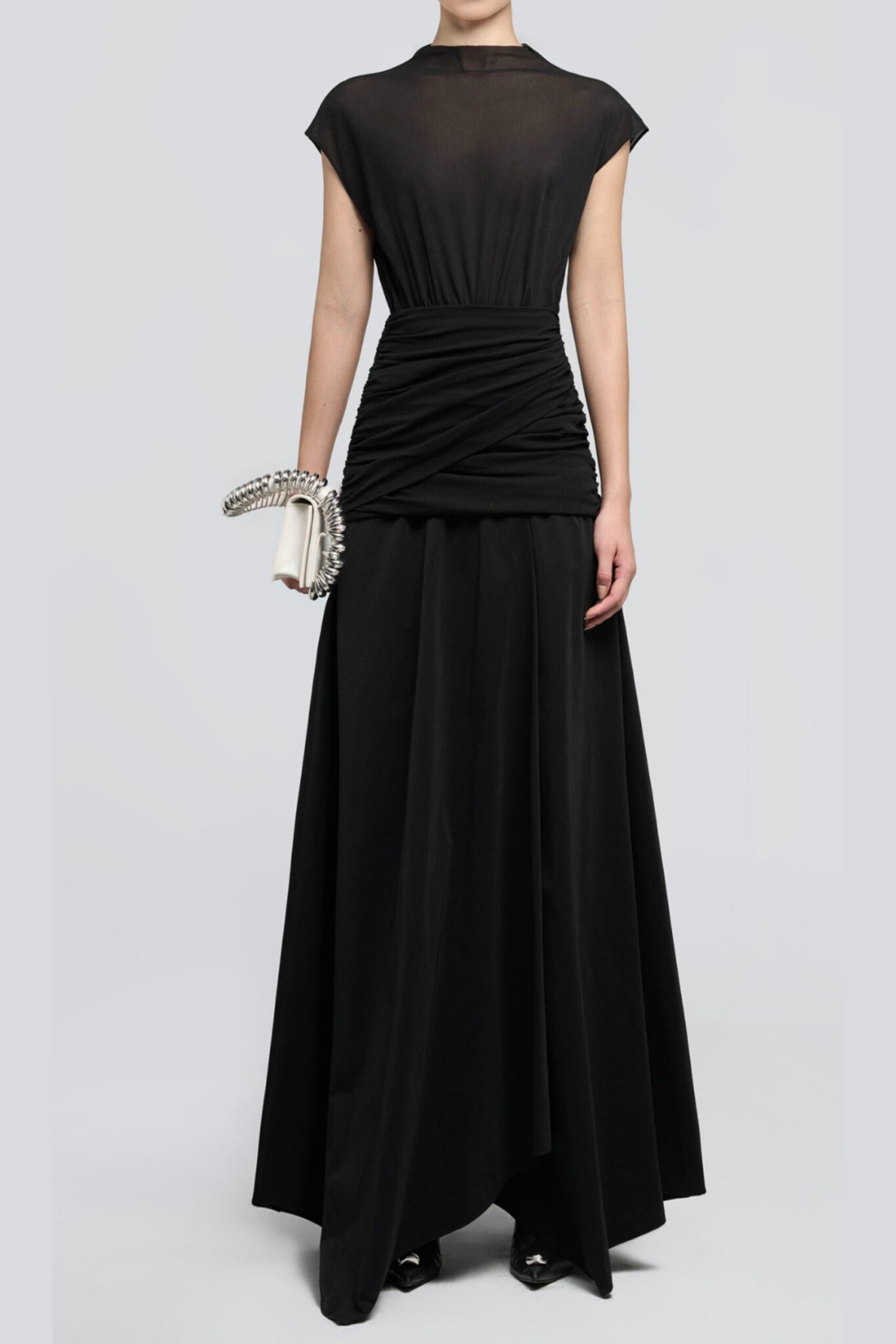 BLACK PLEATED ASYMMETRIC MIDI DRESS FOR EVENING