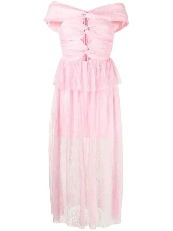 LACE CUTOUT STRAPLESS LILAC MIDI DRESS