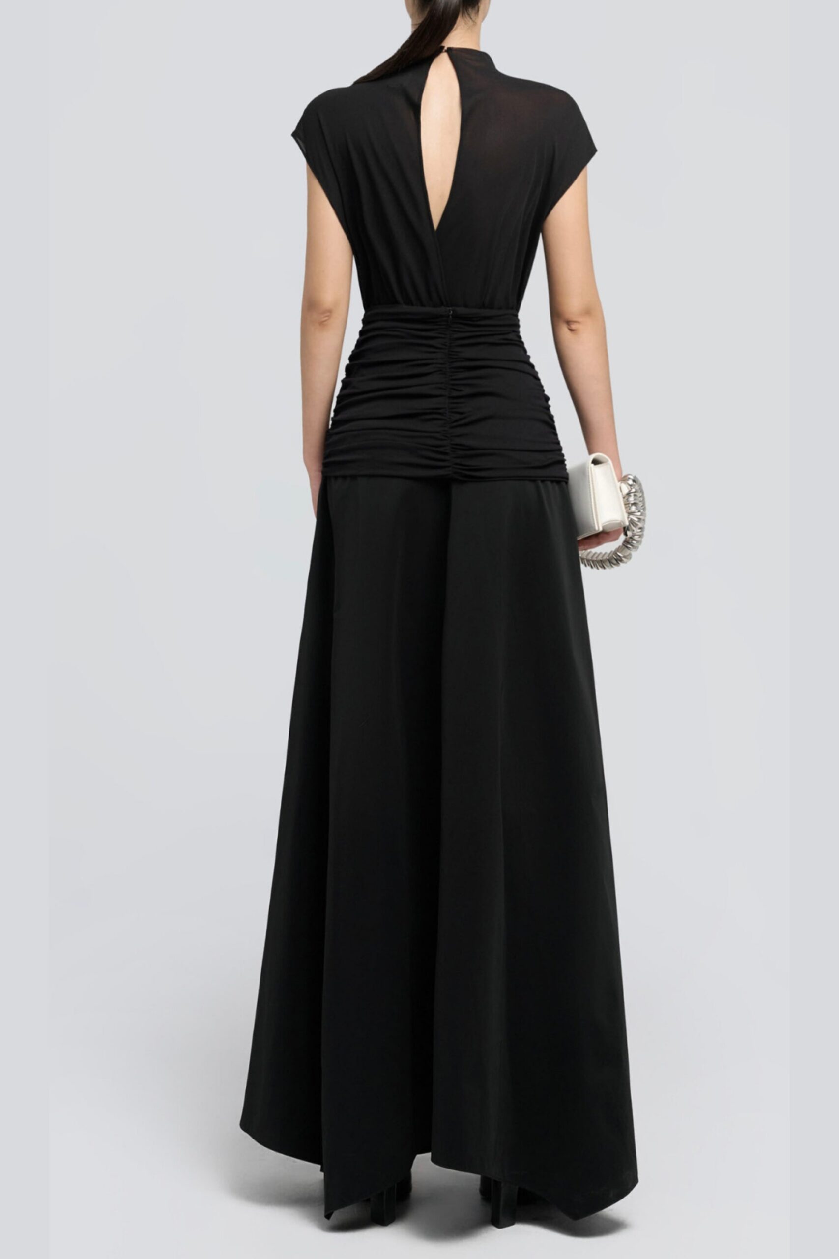 BLACK PLEATED ASYMMETRIC MIDI DRESS FOR EVENING