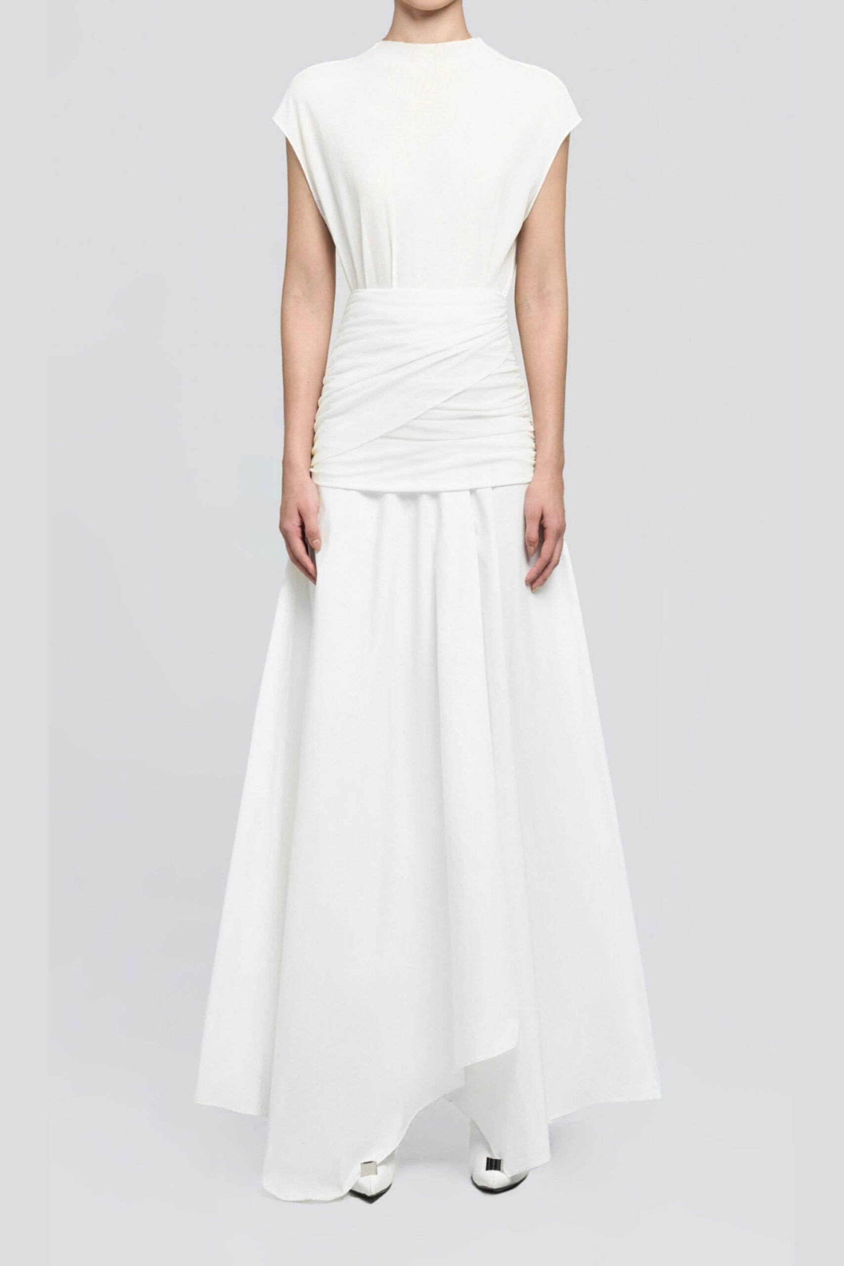 136_c253c405-46b4-4c0f-9a4f-ed245118e9be WHITE ASYMMETRIC WAIST CROSS PLEATED MIDI DRESS