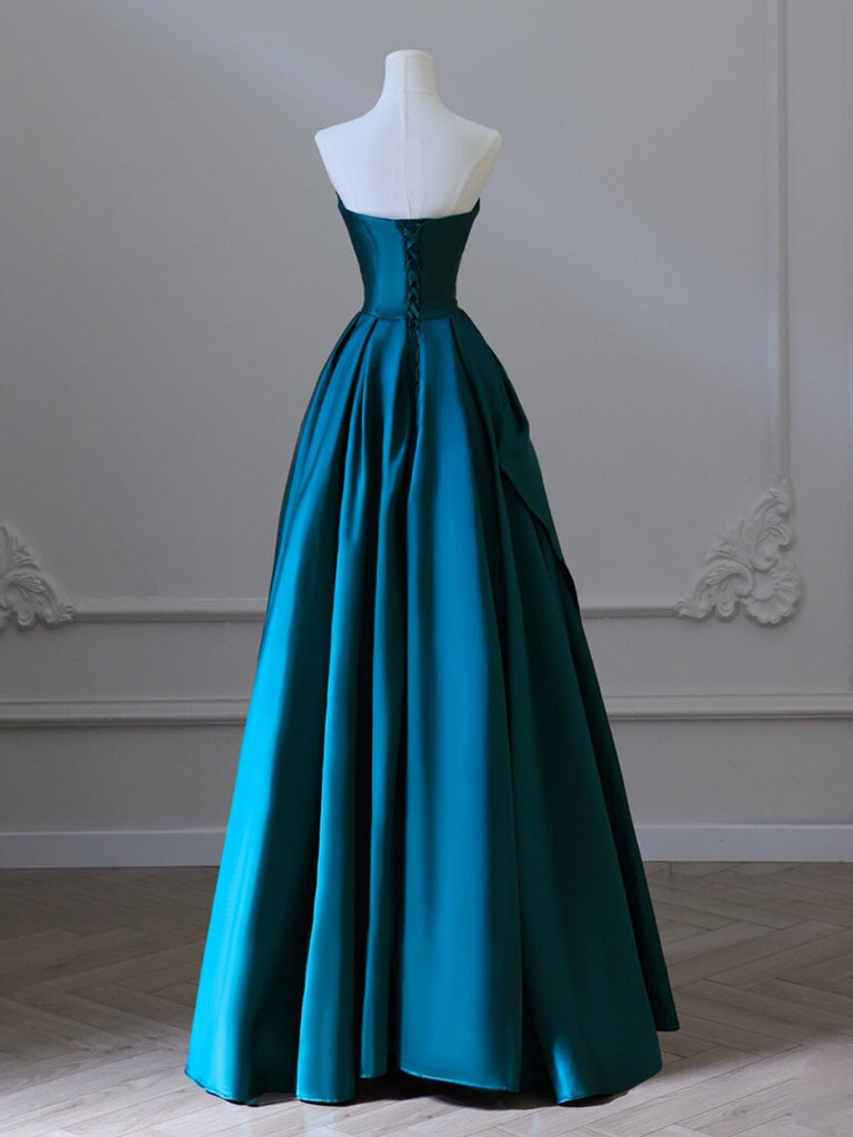 A-LINE SATIN GREEN PROM DRESS