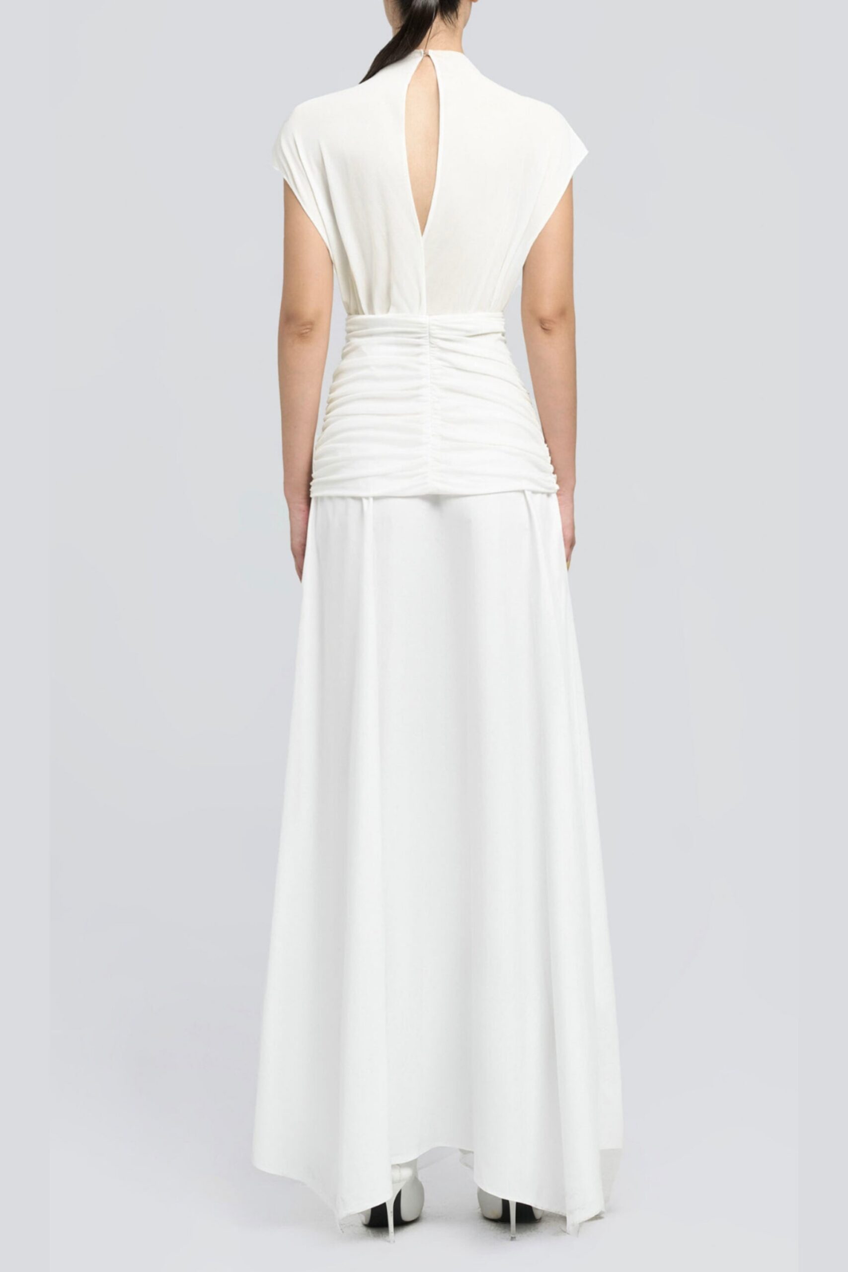 WHITE ASYMMETRIC WAIST CROSS PLEATED MIDI DRESS