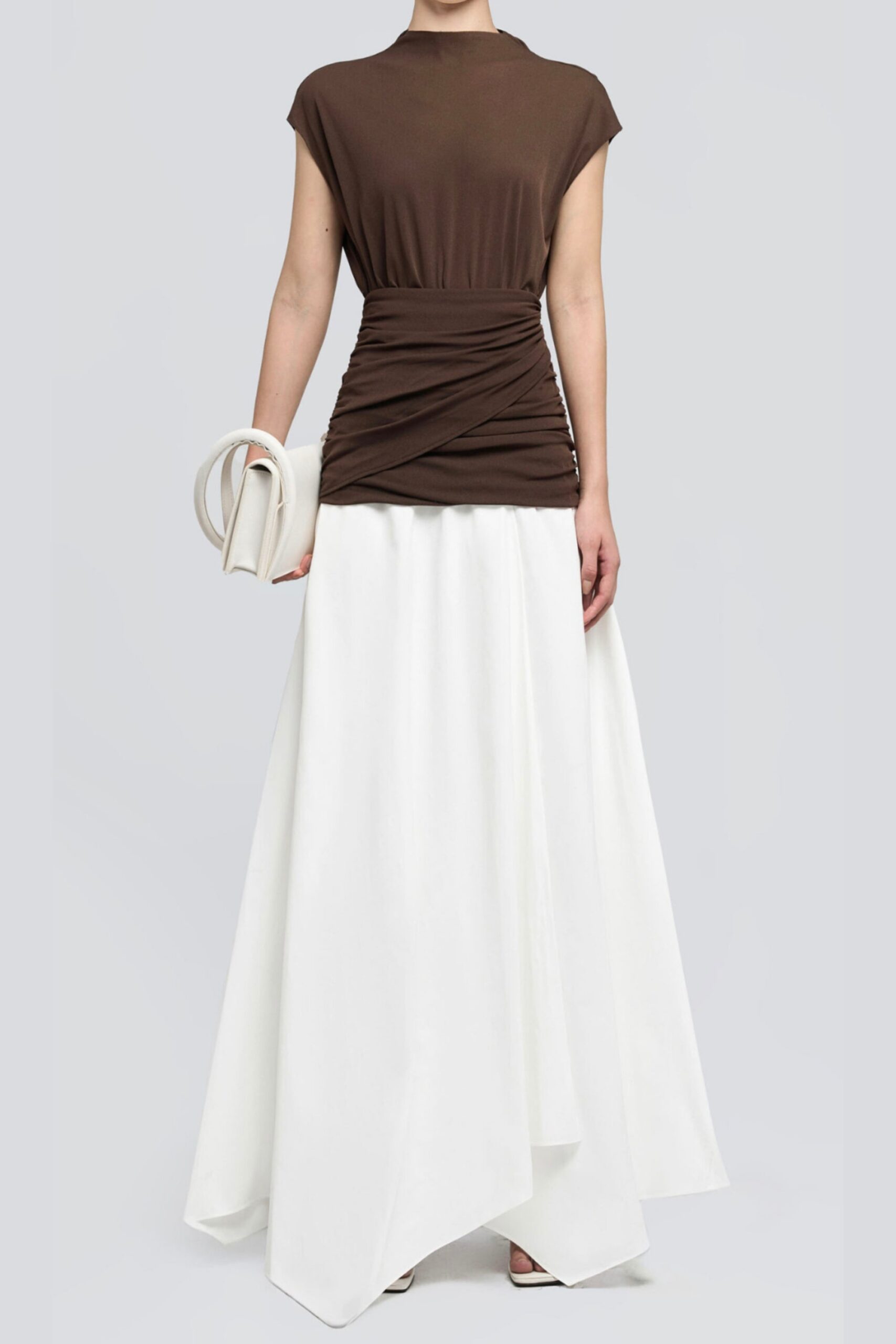 BROWN ASYMMETRIC PLEATED MIDI DRESS FOR WEDDING GUEST