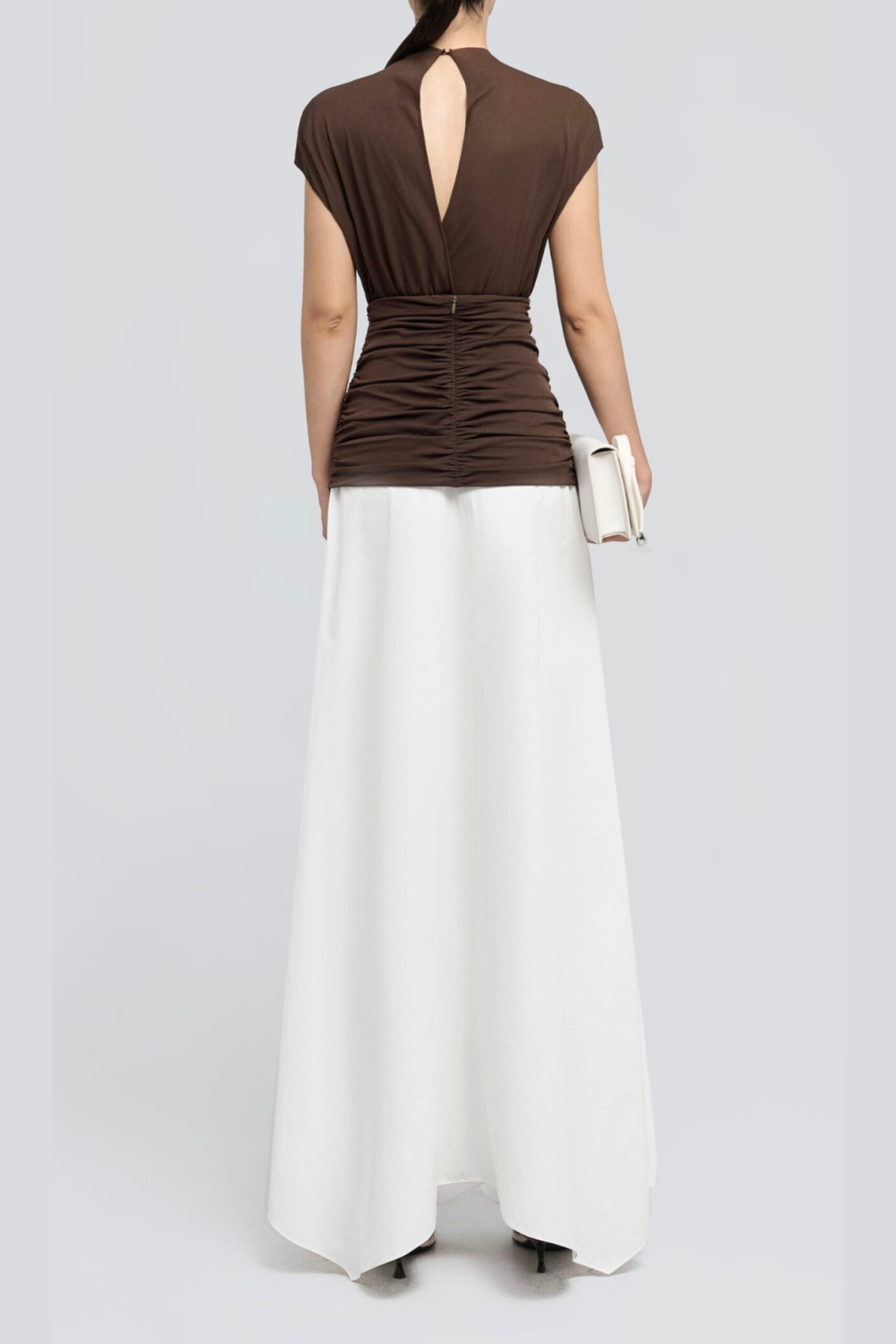 BROWN ASYMMETRIC PLEATED MIDI DRESS FOR WEDDING GUEST