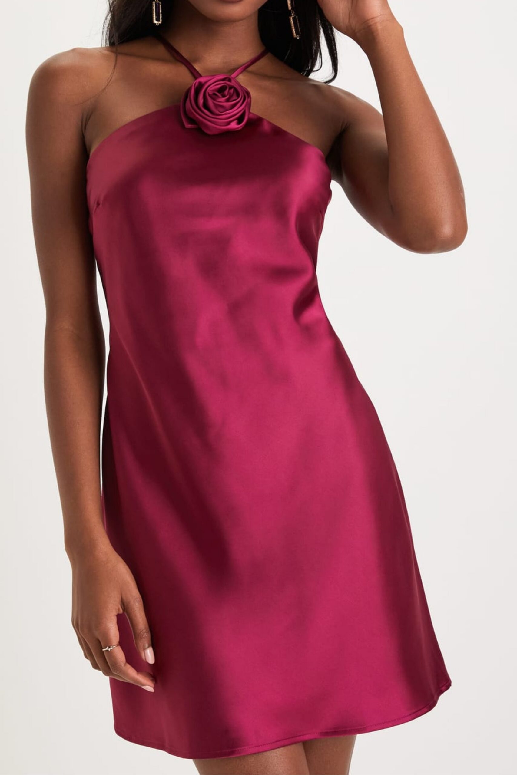 SATIN ROSETTE HALTER MINI DRESS, PARTY