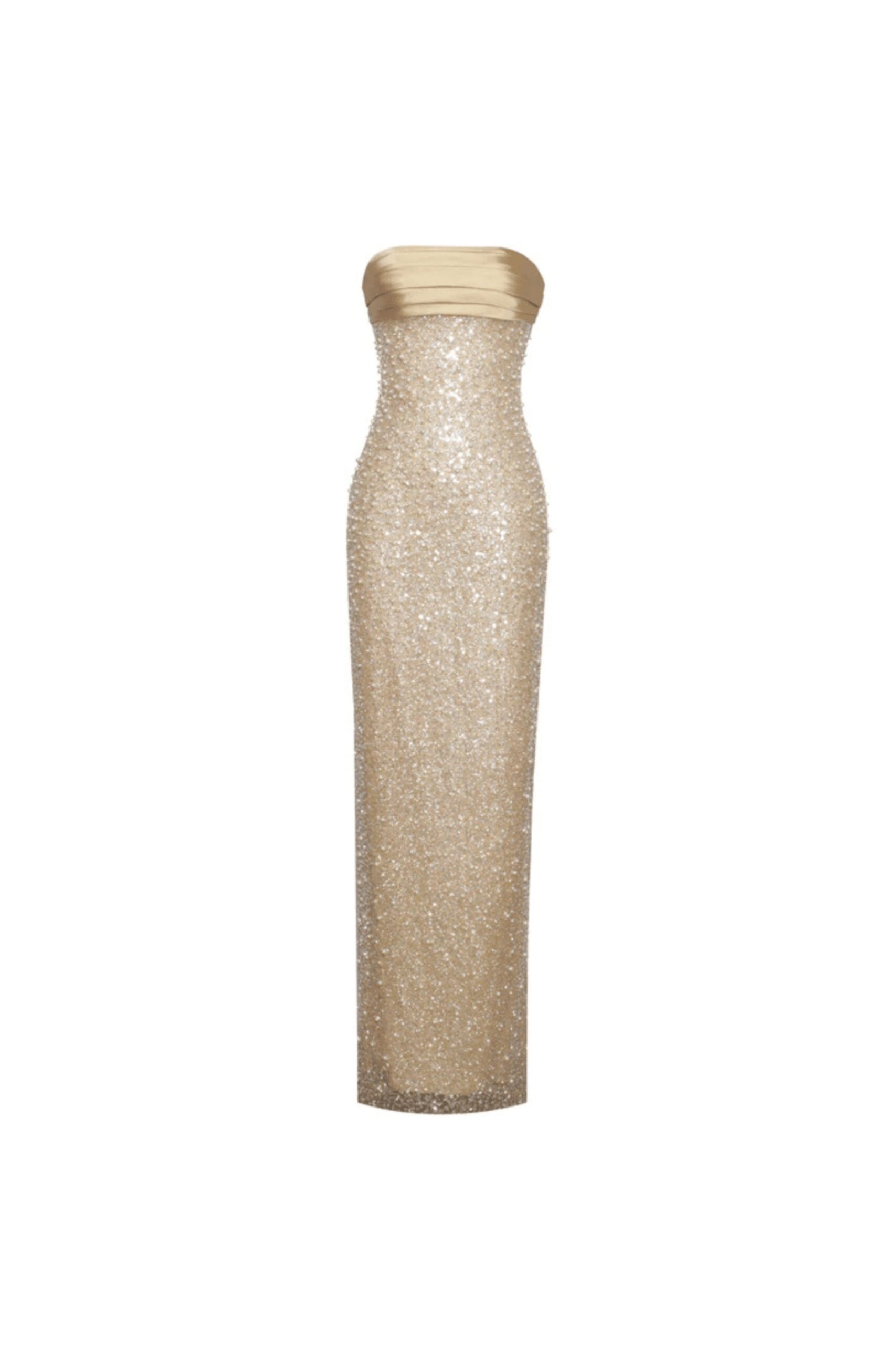 GOLD SATIN SEQUIN BEADED MAXI DRESS