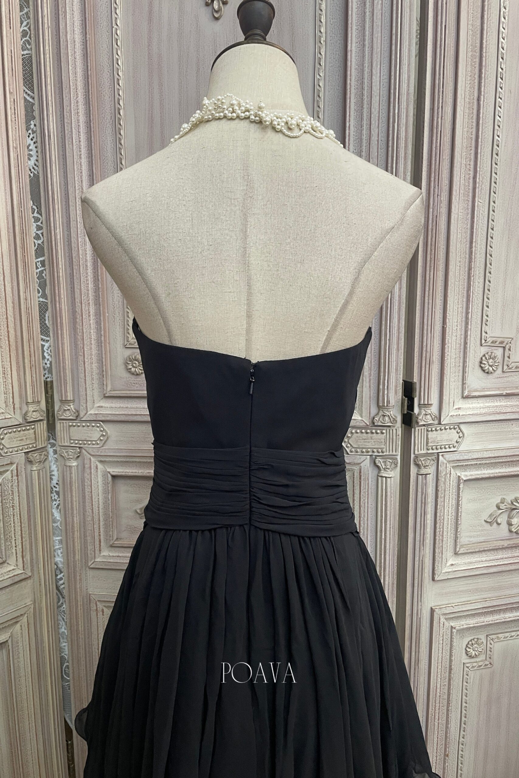 CHIFFON STRAPLESS EMBELLISHED MIDI DRESS BLACK