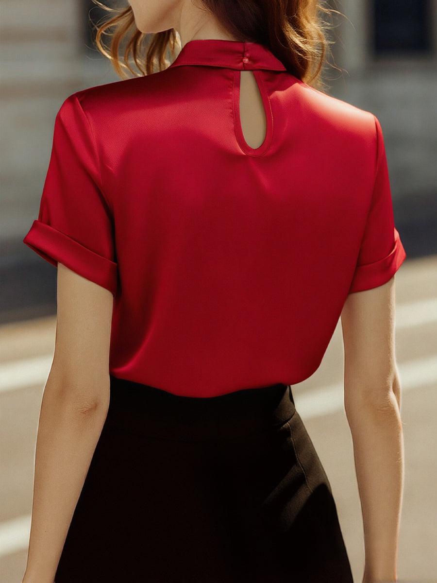 MODERN WHITE SATIN KEYHOLE BLOUSE FOR EVENTS