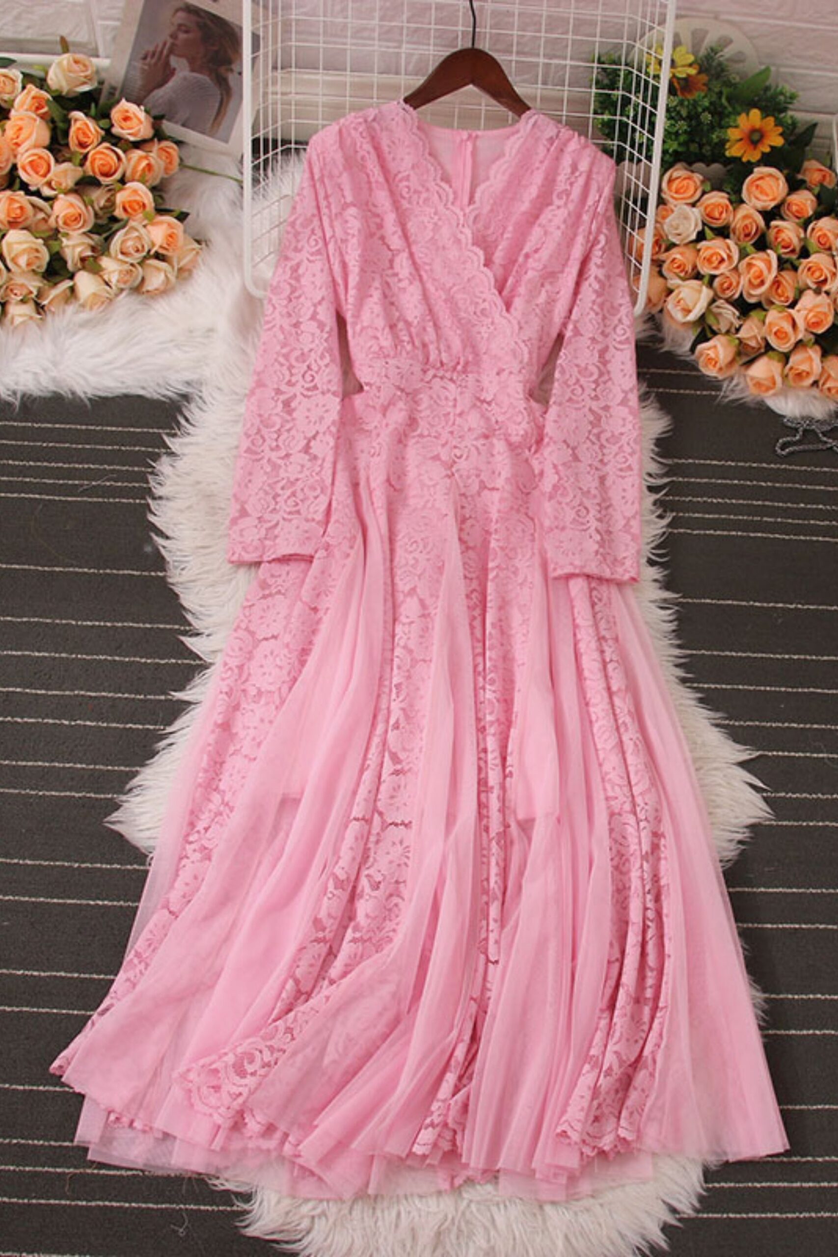 LACE SPLICE LONG SLEEVE MIDI DRESS FOR WEDDING
