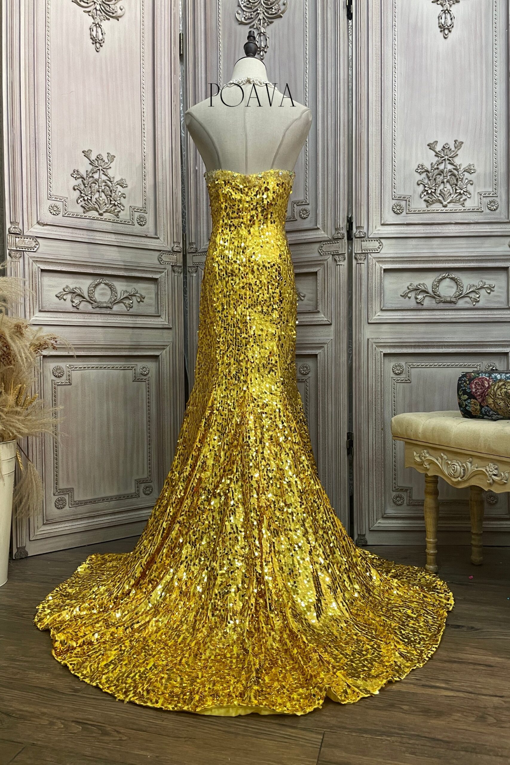 SEQUIN STRAPLESS GOLD MAXI DRESS, PARTY
