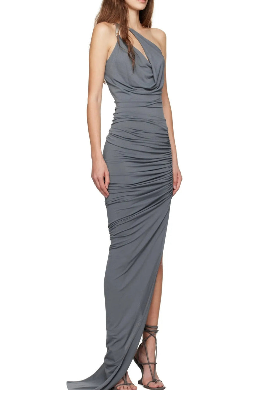 ONE-SHOULDER RUCHED BODYCON MAXI GREY PARTY DRESS